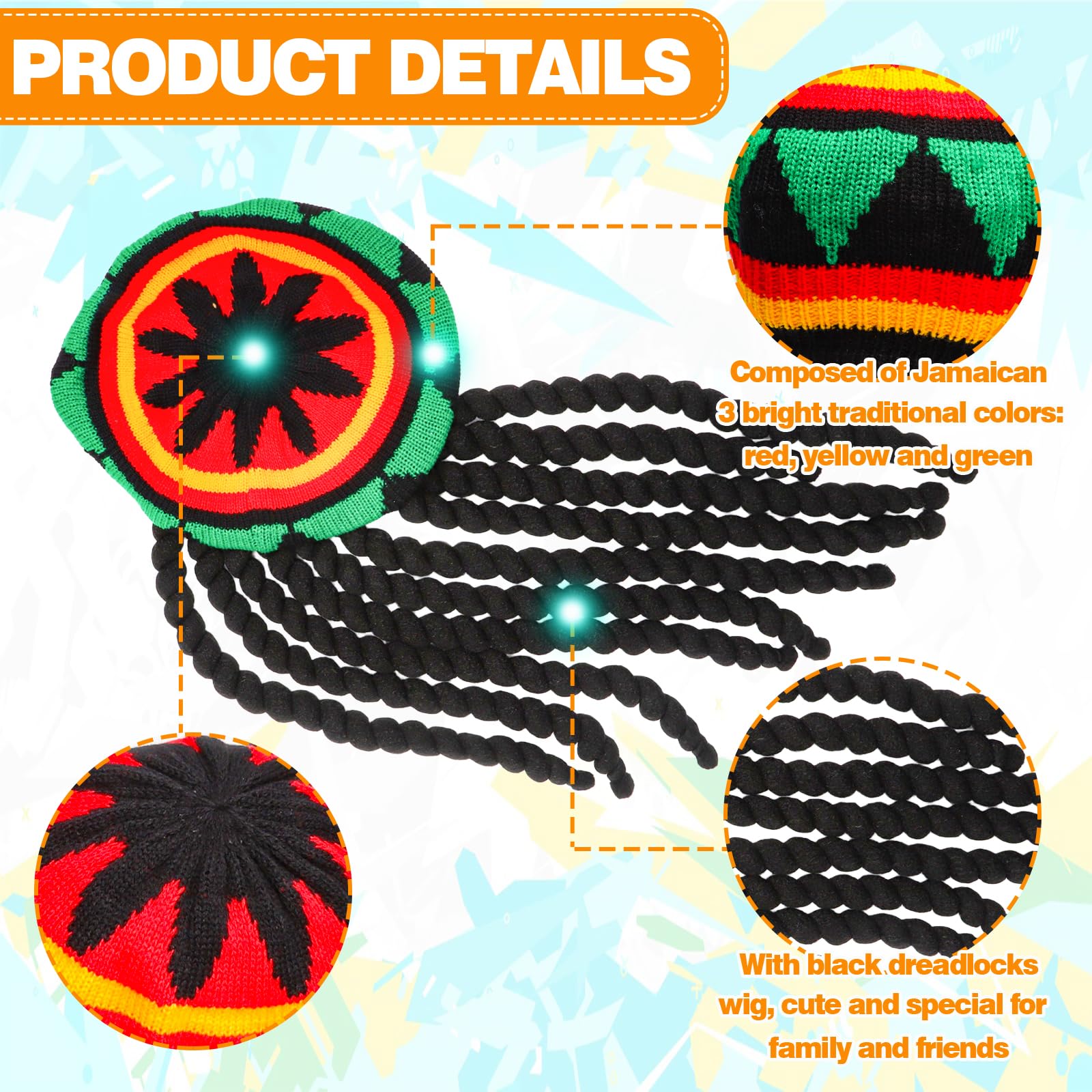 4 sztuki czapek Rasta Dreadlocks, peruka Rasta, styl jamajski, zabawne czapki z dredami, peruka, czapka z włosami, zabawny kostium, maskarada, akcesoria kostiumowe do cosplay