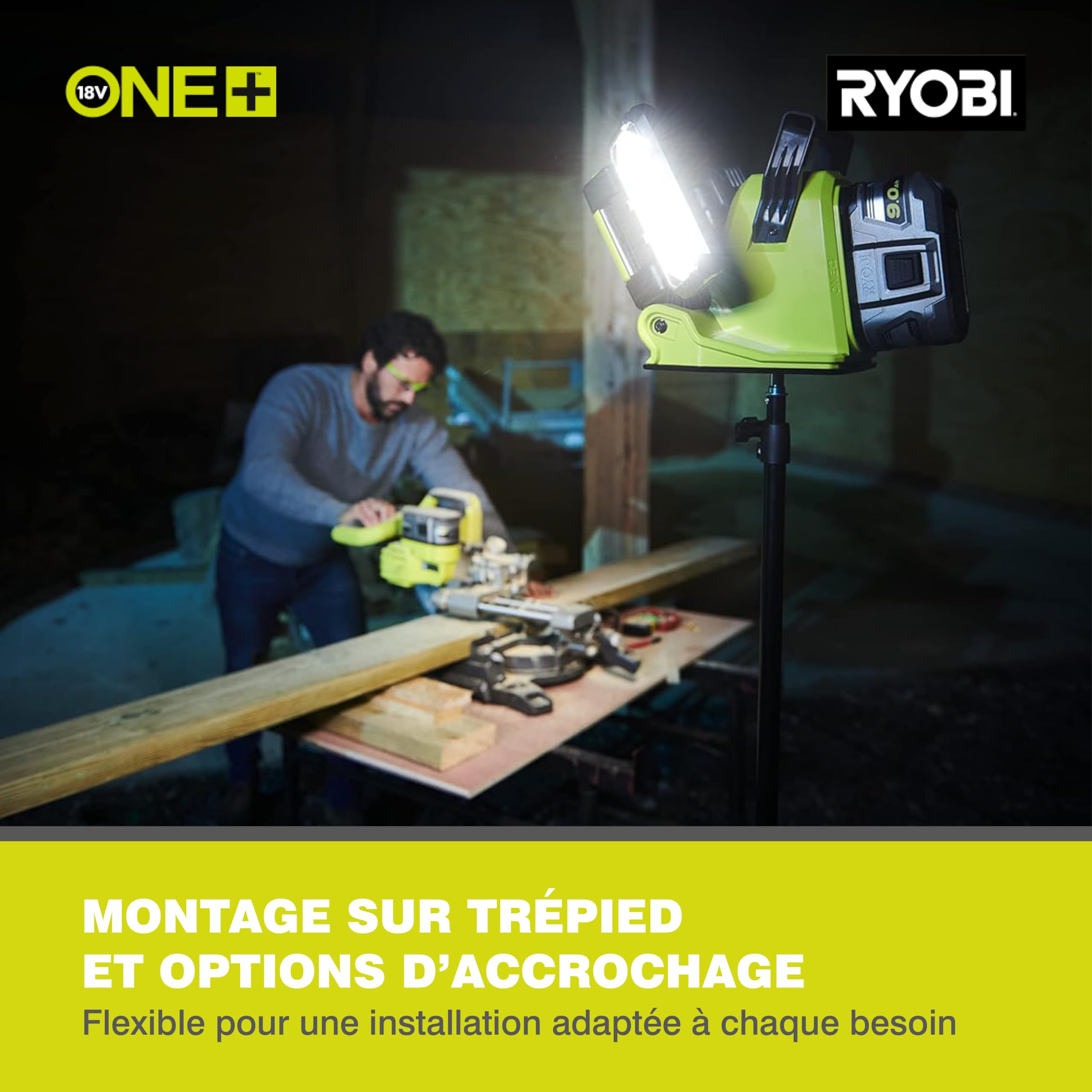 RYOBI - Lampe Triple panneau lumineux LED Sans Fil 18V ONE+ RLP18-0 – Tête Orientable, montage trépier possible, Compacte – Idéale Chantier, Garage, travaux peinture – Batterie Non Incluse