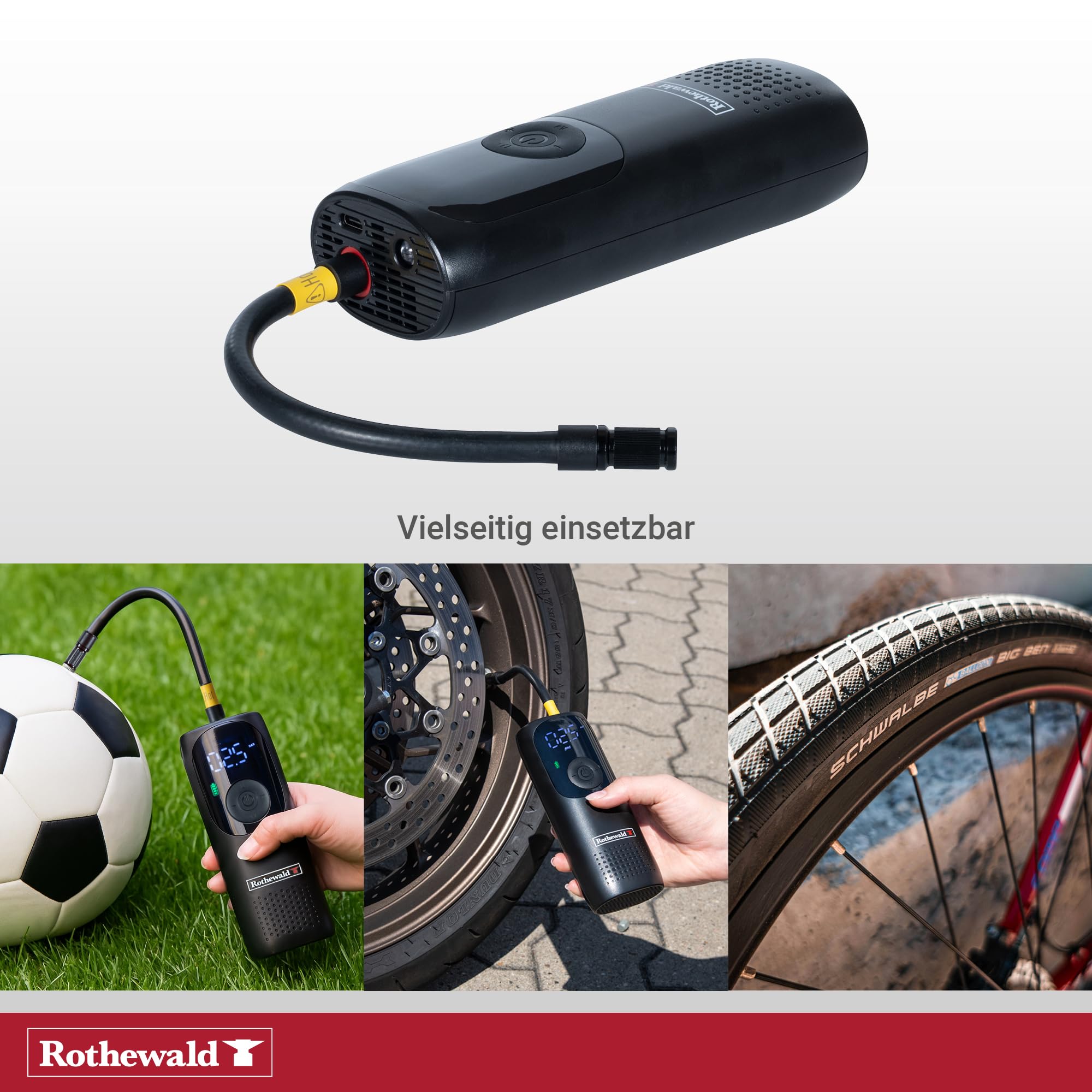 Rothewald Akku Druckluftpumpe 10 Bar, Elektrische Luftpumpe mit Digitalem Manometer, Reifenpumpe für Auto Motorrad Fahrrad Ball, Kompressor Akku Tragbar, USB-C Ladeanschluss