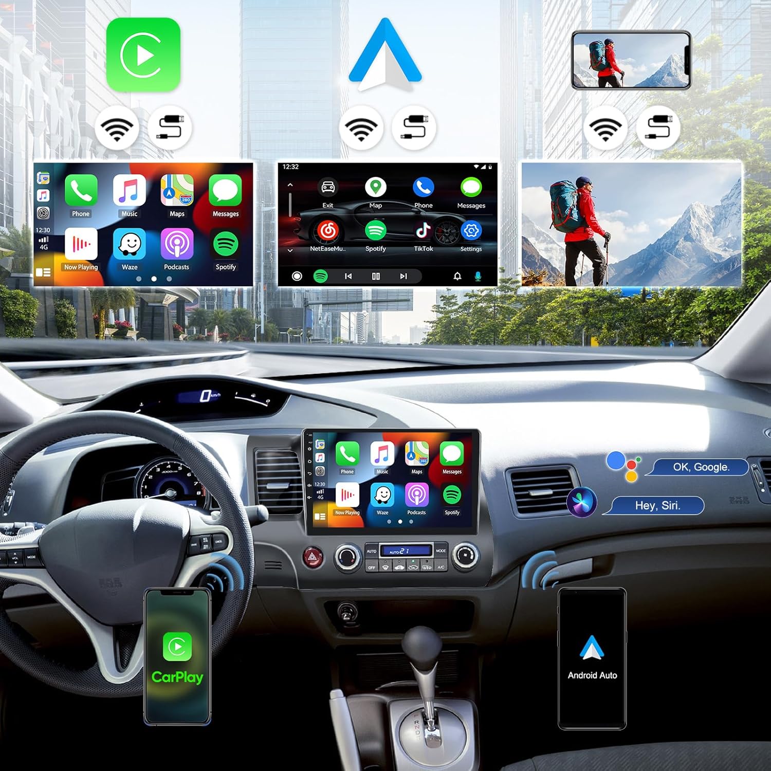 8-Core Qualcomm Snapdragon 4G+64G for Honda Civic 2006-2011 Android Car Stereo with Wireless CarPlay Android Auto, 10" Touch Screen Car Radio Hi-Res DSP Bluetooth 5.1 GPS WiFi RDS FM HD Backup Camera