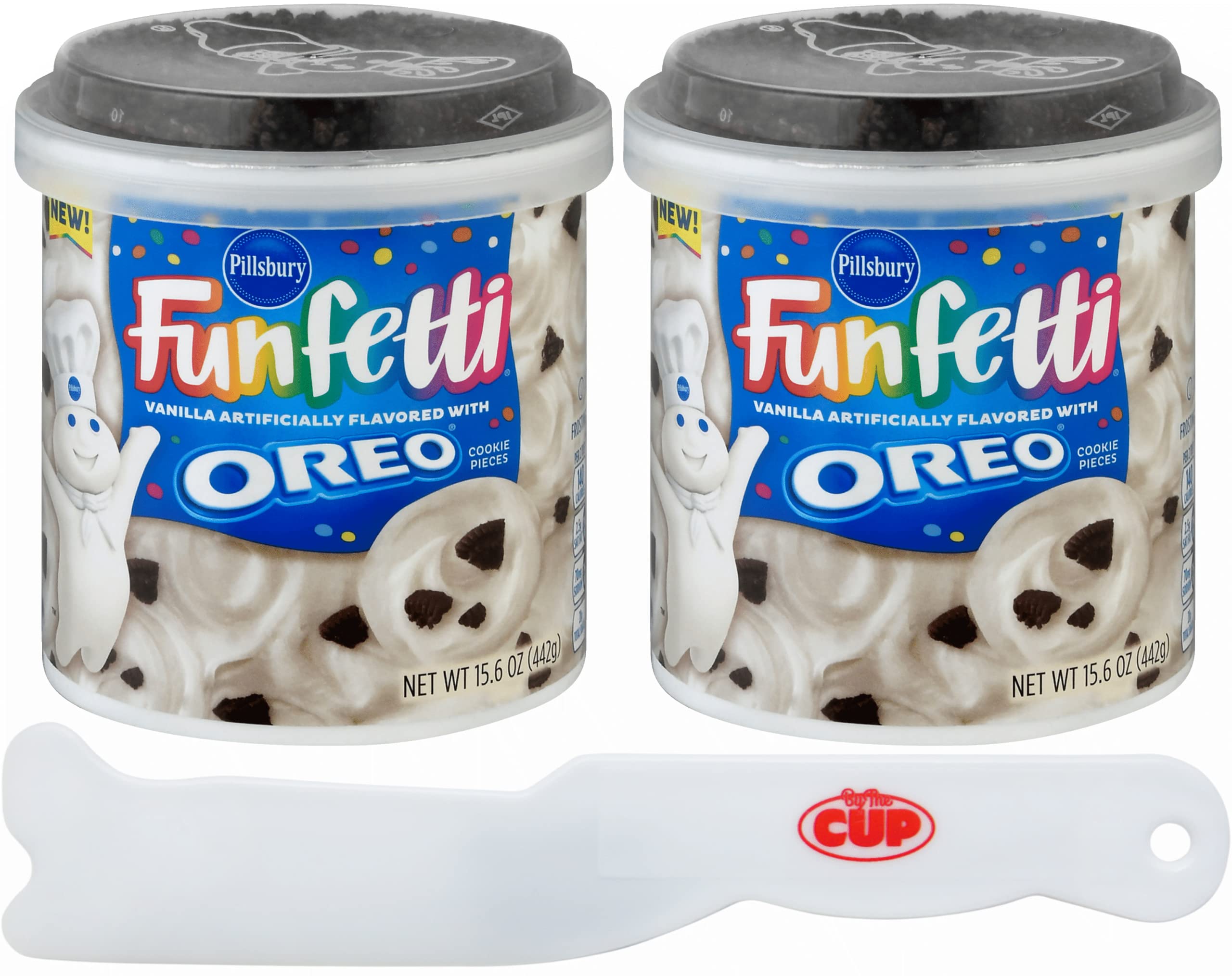 Pillsbury Funfetti Oreo Vanilla Frosting with Cookie Pieces 15.6 oz (Pack of 2) with By The Cup Spreader