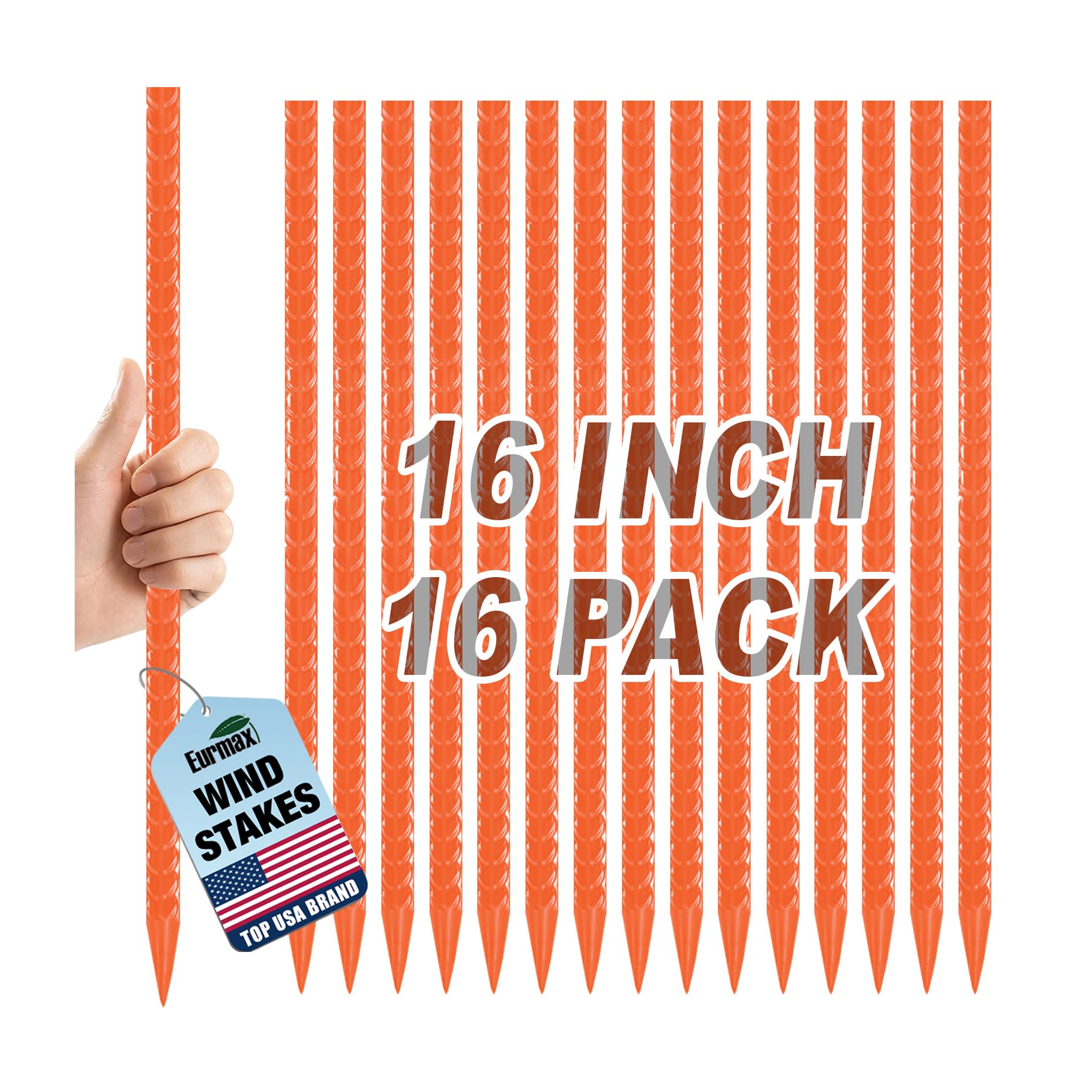 Eurmax USA 16-Pack 16 Inch Rust-Proof Steel Canopy Anchors for High Winds, Heavy Duty Rebar Stakes, Chisel Point Metal Ground Stakes for Camping,Garden,Concrete Forming,Underground Anchoring,Orange