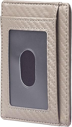 Miniatura 3 de Travelambo Cartera delgada de cuero minimalista con bolsillo frontal RFID con textura de fibra de carbono, Azul