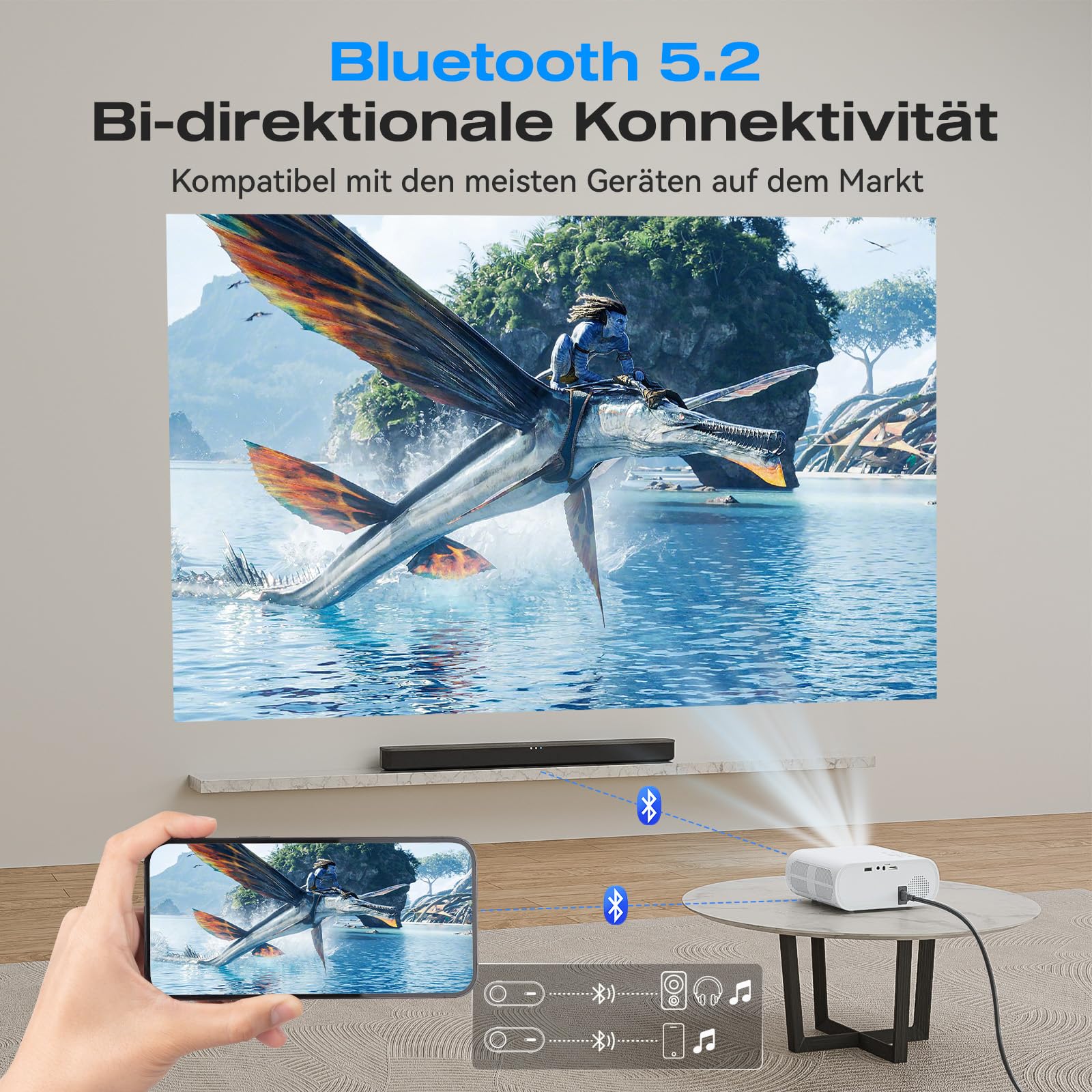 Mini Beamer 4K [Kompatibel mit Netflix & Offizielle Apps] 20000 Lumen Kurzdistanz Beamer mit Elektrischer Fokus/Trapezkorrektur, Android 13, 1080P FHD WiFi6 Bluetooth Smart Projektor für Schlafzimmer