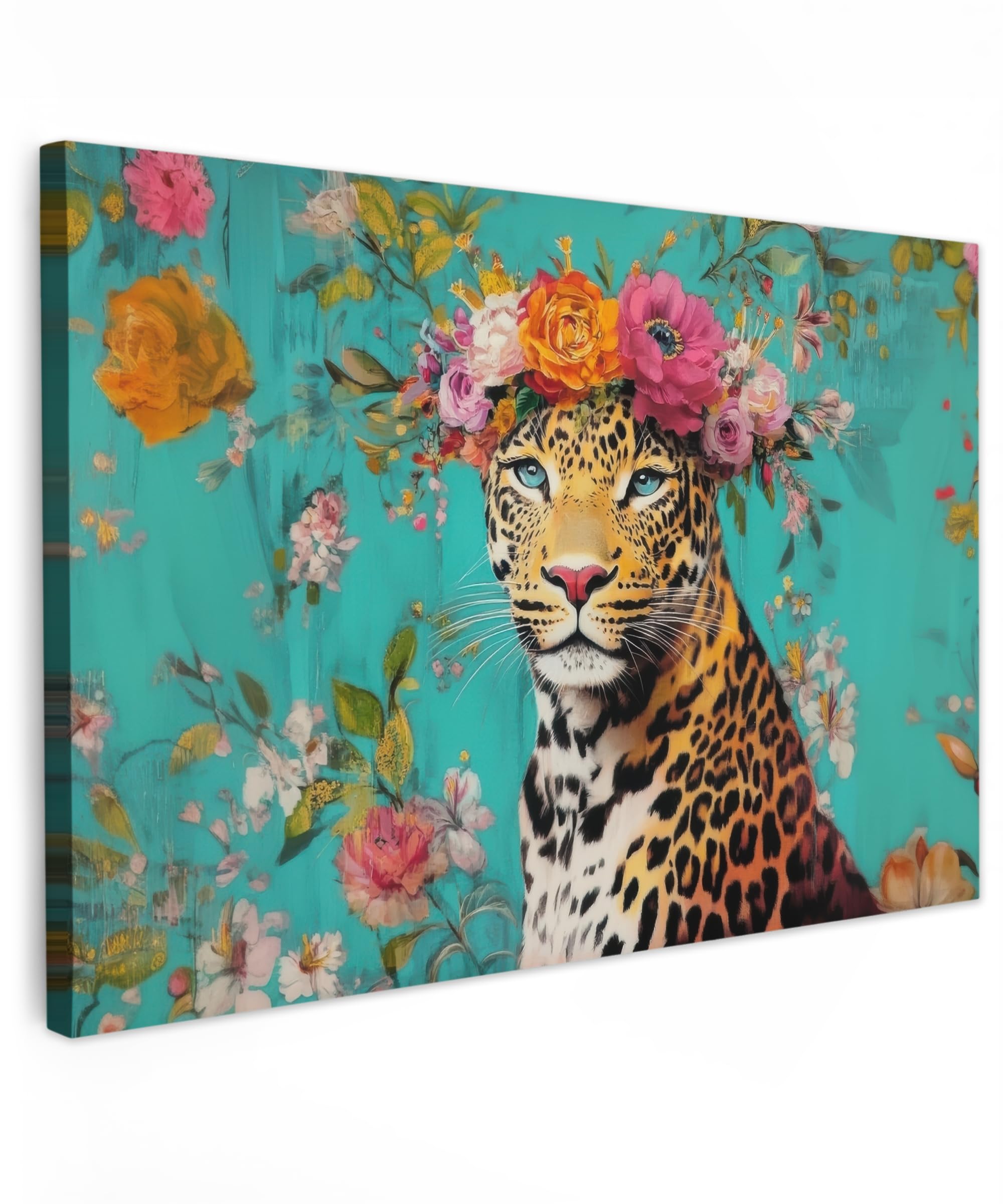 MuchoWow© Canvas Wall Art Work 47"x31" / 120x80 cm Room Decor Painting Wallfillers Picture Decoration Prints Leopard - Flowers - Crown