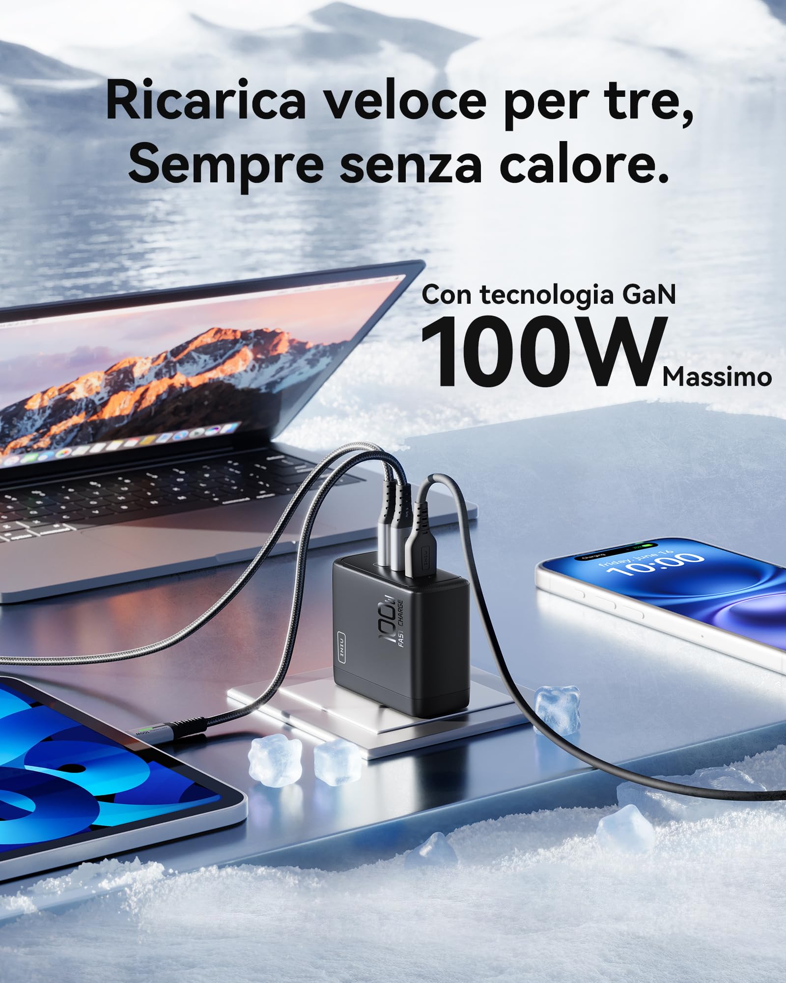 INIU 100W USB C Caricatore, GaN Ⅲ Alimentatore, 3-Porto PD Caricatore Rapido, Compatto e Salvaspazio, Caricabatterie USB da Muro per MacBook ipad Pro/Air, iPhone 16 Pro Max, Samsung S24 Ultra, Tablet