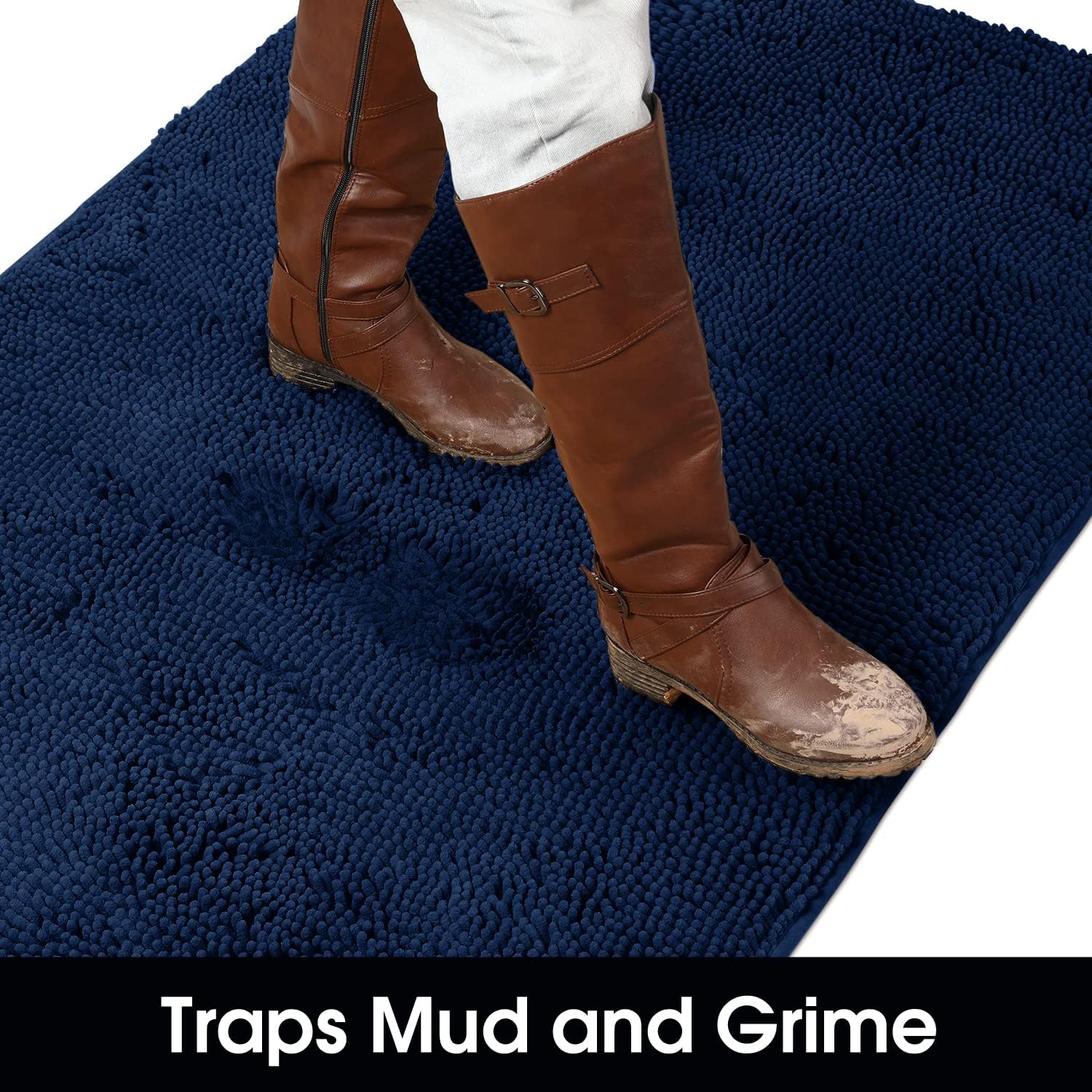 HOMEIDEAS Doormat Indoor Entrance, 32"x20", Highly Absorbent Chenille Muddy Dog Washable Non Slip Front Welcome Door Floor Mat for Entryway, Navy Blue