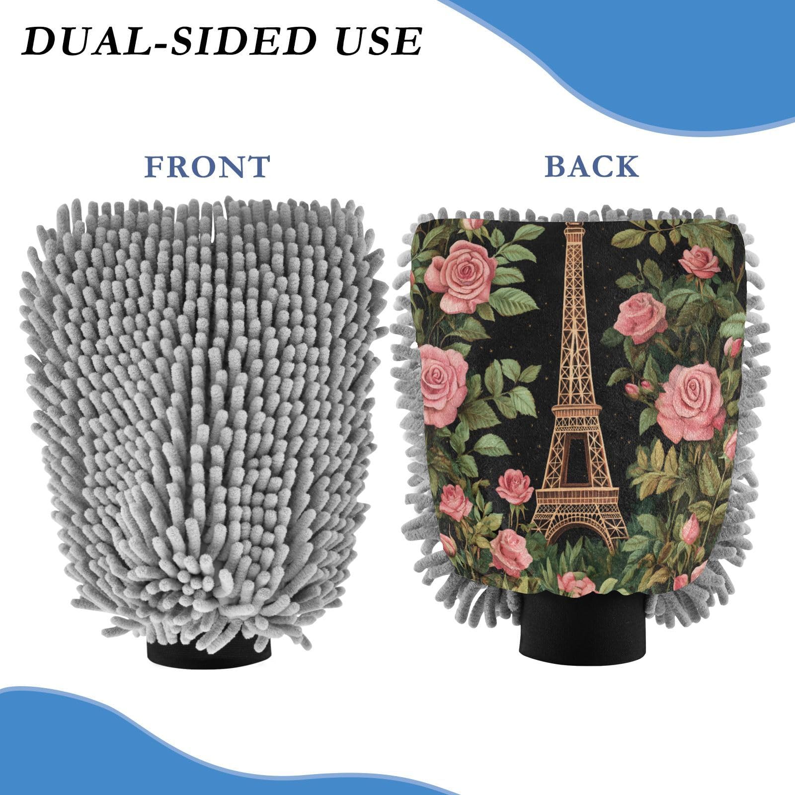 STAYTOP Romantic Rose Eiffel Tower Car Wash Mitt Microfiber, 2Pcs Scratch Free Lint-Free, Premium Chenille Microfiber Mitt Car Wash Brush-L