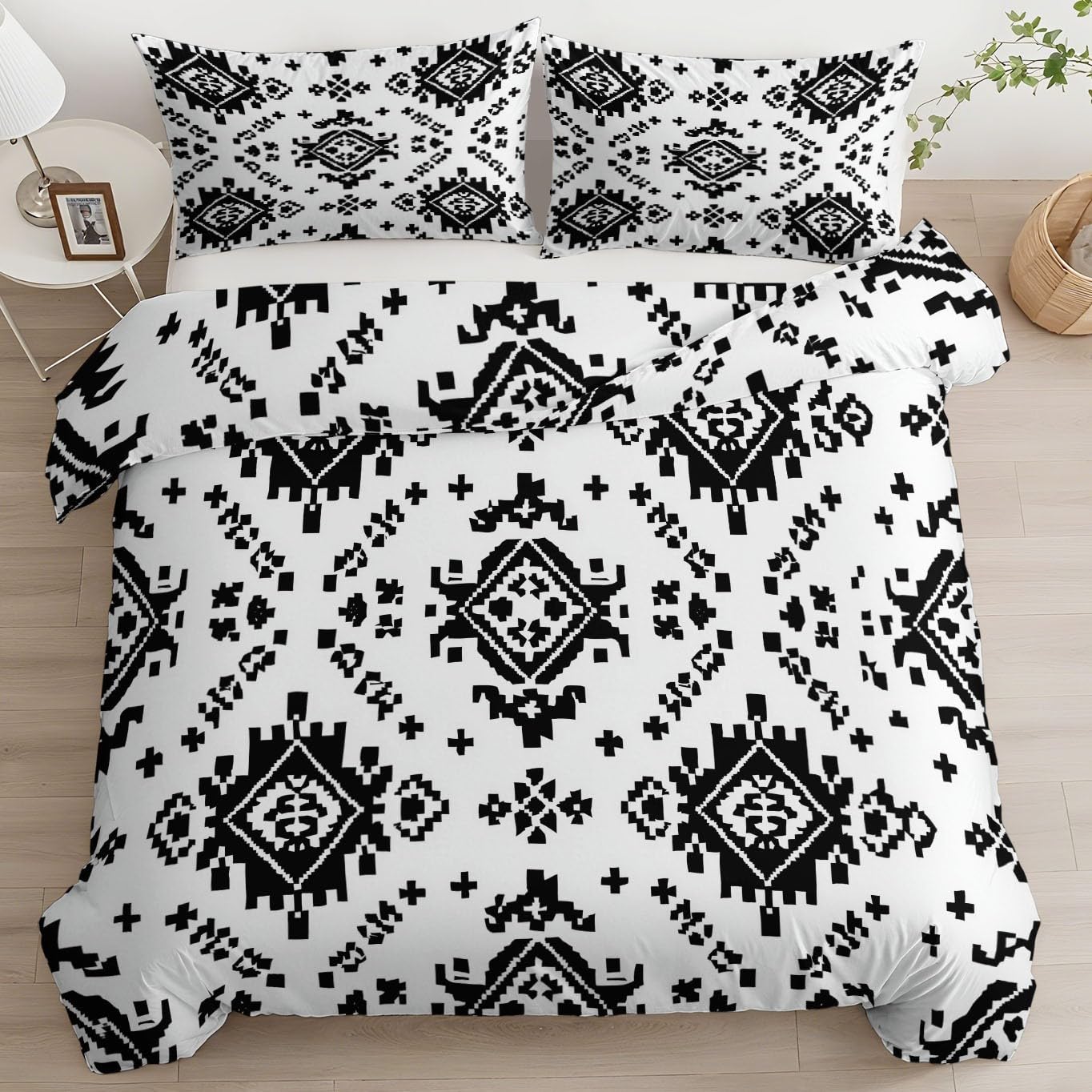 Zestaw pościeli 180 x 200 cm, pościel w stylu retro, z geometrycznym nadrukiem, miękka mikrofibra, dla alergików, 3-częściowy, poszewka na kołdrę z zamkiem błyskawicznym, dwustronna pościel dla dzieci