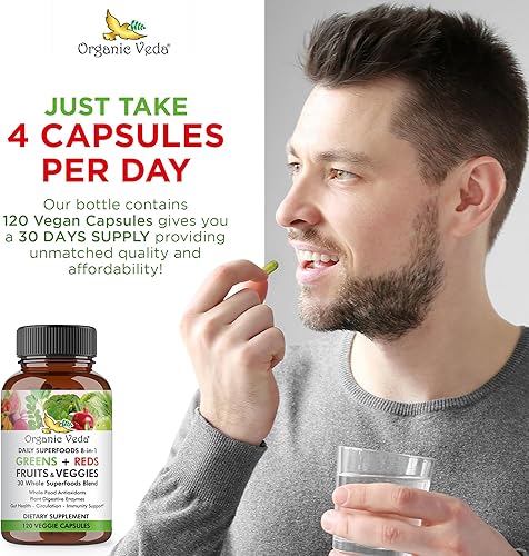 Miniatura 4 de Organic Veda Super Greens Reds Veggies Cápsulas – 8 en 1 diario 30 superalimentos orgánicos enteros suplemento de frutas y verduras – Enzimas de