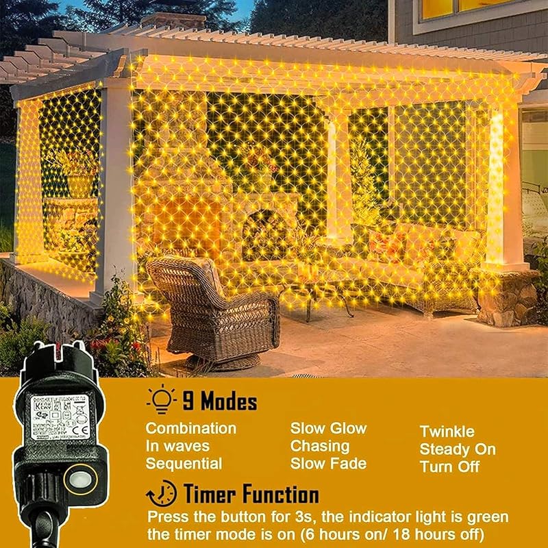 Cozymeow 3x2m 200 LED Hálós Kültéri Fényfüzér Meleg Fehér, Időzítő, 8 Mód, Vízálló