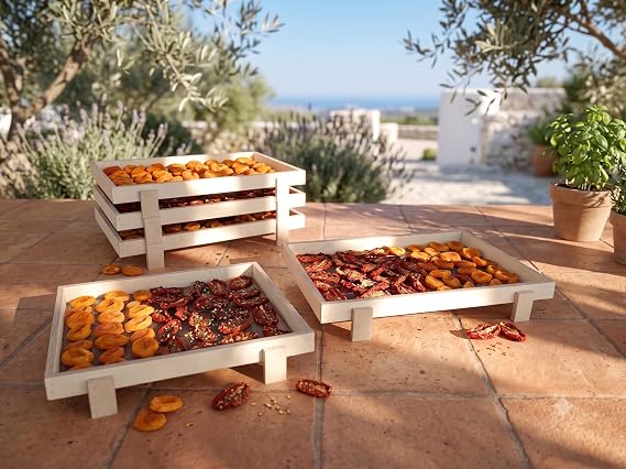 Doğal Huş Ağacı İstiflenebilir Gıda Kurutma Teli (52x35 cm) - Ahşap Meyve, Sebze ve Ot Kurutmalık Tepsisi - Çok Katlı Kurutma Rafı