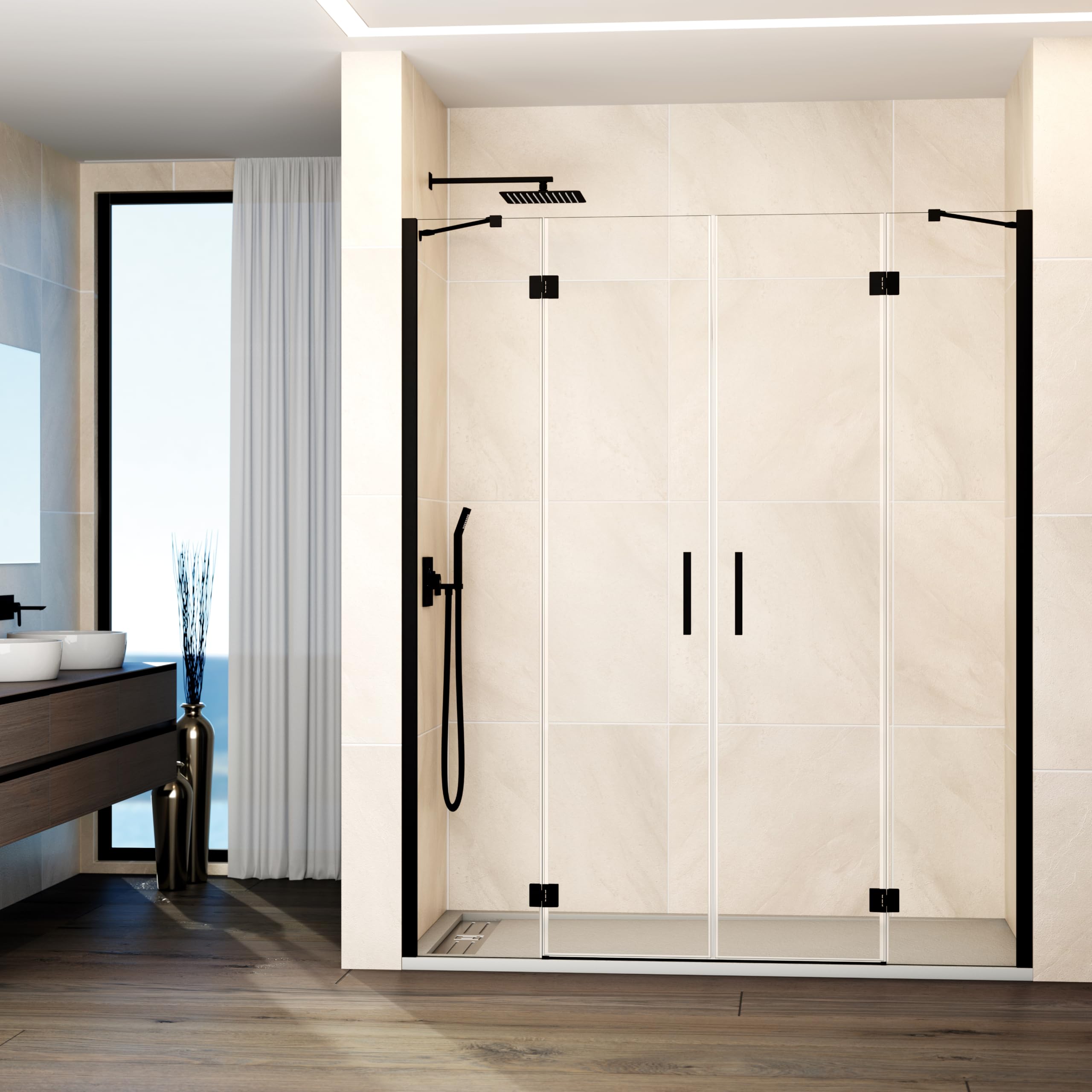 GME - Mampara Ducha Frontal 2 Puertas Fijas + 2 Correderas 185cm Negra | Mampara de Cristal con Perfilería de Aluminio y 195cm de Altura | Cristal Templado 6mm Antical Y Cierre Magnético