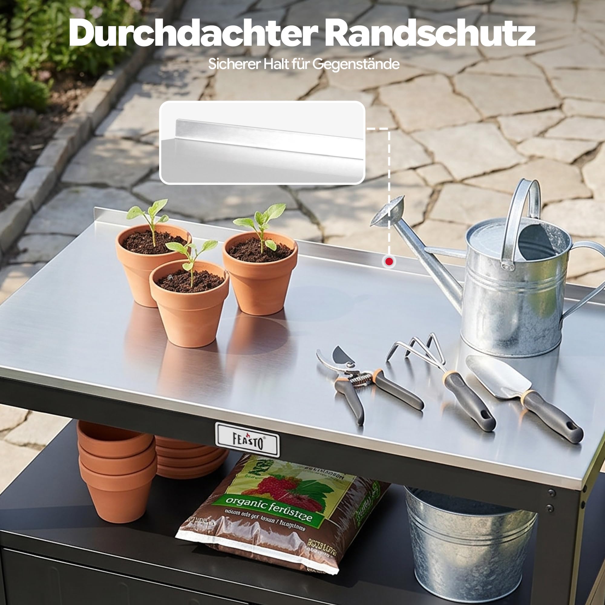 Feasto Pflanztisch mit Unterschrank, Gartenschrank wetterfest Outdoor mit Edelstahl - Arbeitsplatte, für Garten & Terrasse, 80x45x82cm
