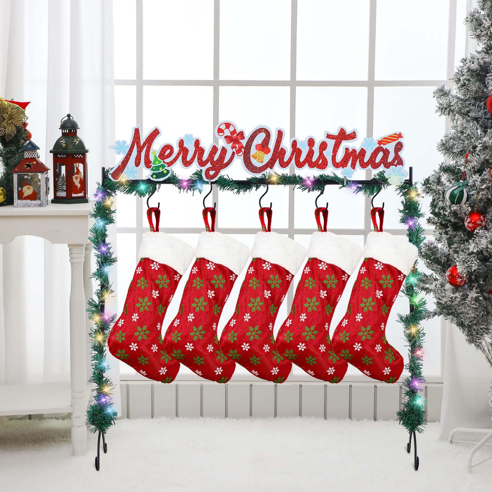 Lighted Christmas Stocking Holder Stand Hangers Modern Merry Christmas Believe Elk Cart Freestanding Stocking Holder Stand Hangers with 10 Ft String Lights 5 Hangers for Holiday Decor (Word Style)