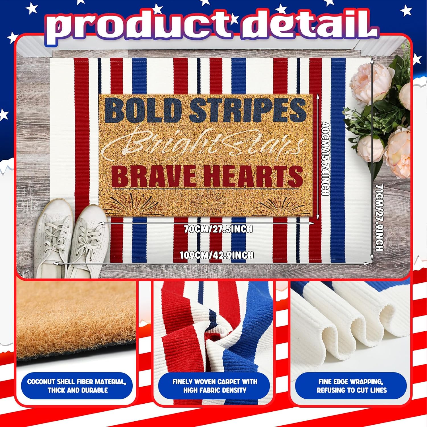 Duraaamo 2 Pcs 4th of July Natural Coir Door Mat Outdoor Red Blue White Welcome Rug Patriotic Mat Non-Slip Independence Day 4th July Indoor Entrance Outside Porch Front Decor