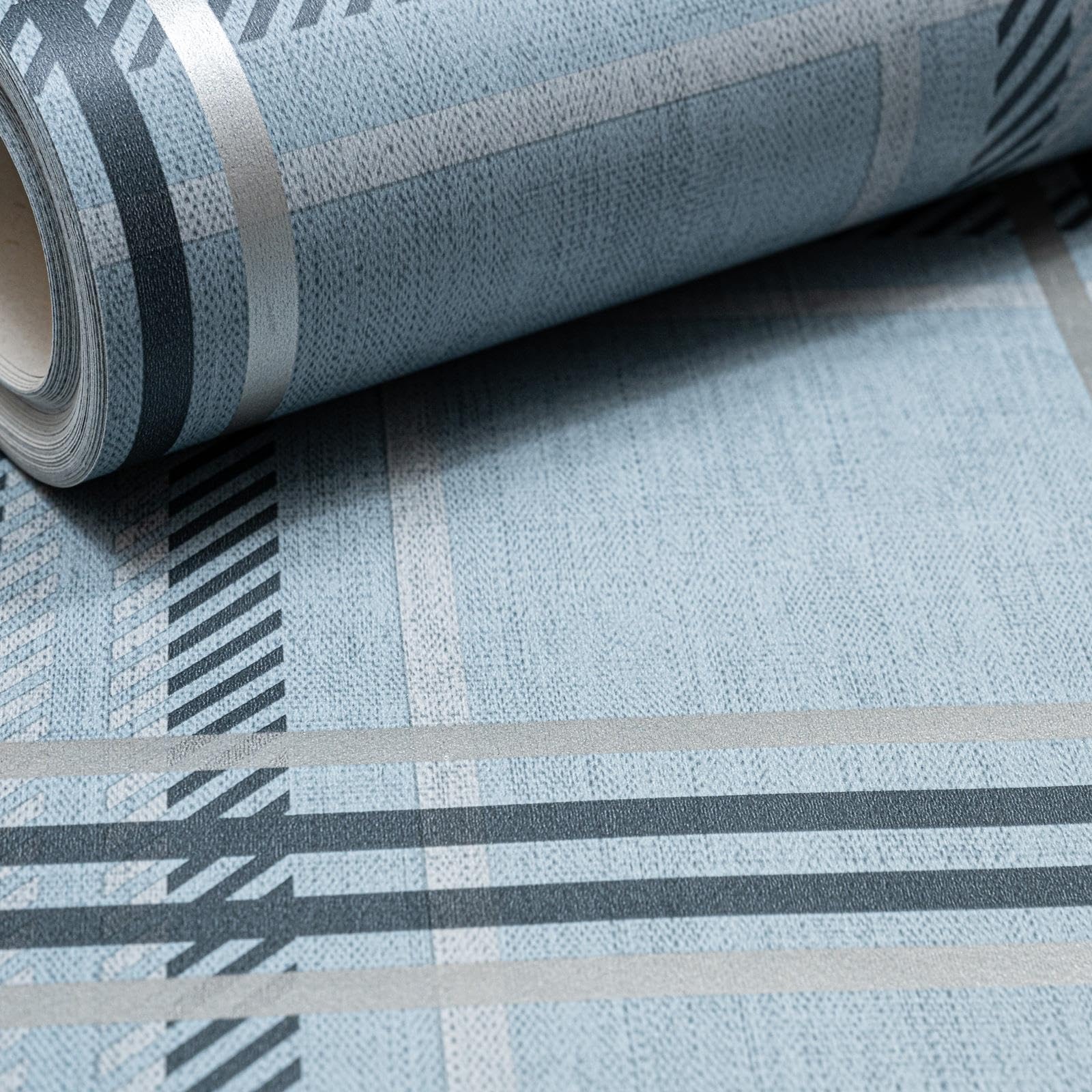 SOPHIE LAURENCE Blue Tartan Check Wallpaper Grey Tones Metallic Shine Smooth Feature Wall Lounge Hallway Bedroom Bathroom 10m x 0.53 m