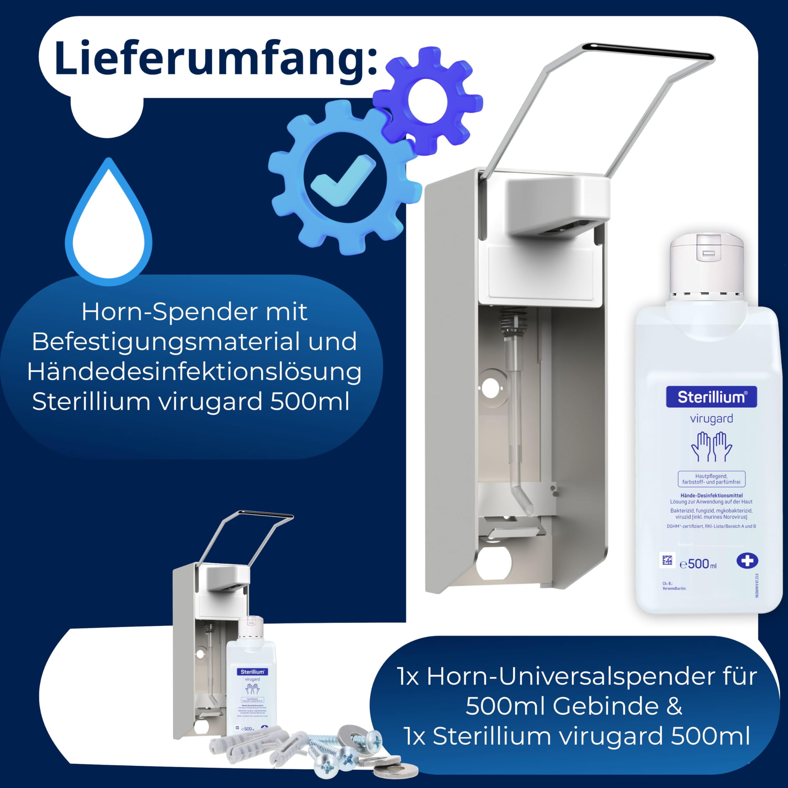 Desinfektionsspender/Seifenspender/Langarm-Wandspender aus Aluminium Starterset mit Sterillium Virugard Händedesinfektionsmittel (1)