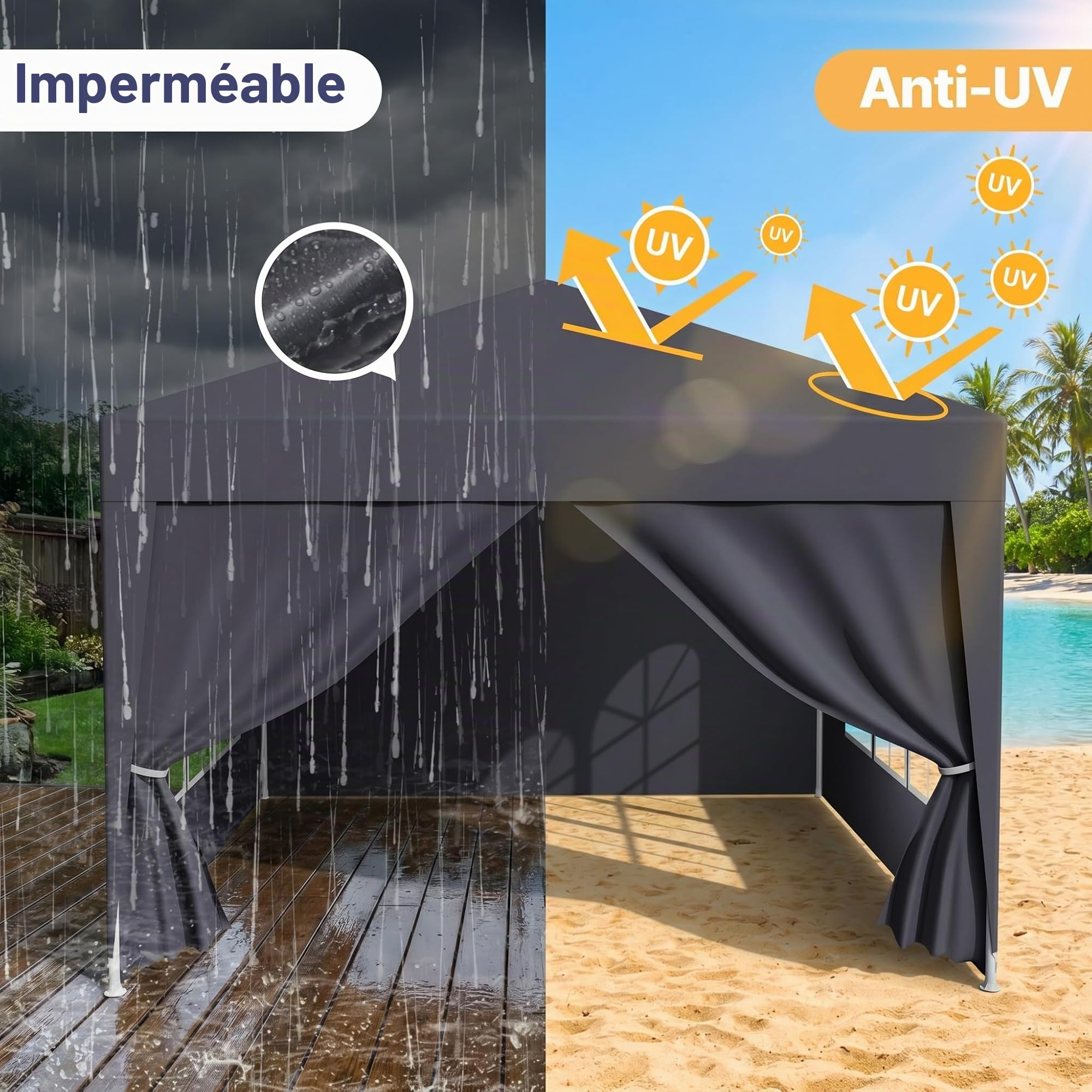 Tonnelle Pliable 3 x 6 m, imperméable, Stable, résistante à l'hiver, avec Panneaux latéraux Amovibles, Protection UV et Coupe-Vent, tonnelle de Jardin, Tente de fête, pour marché, Festival