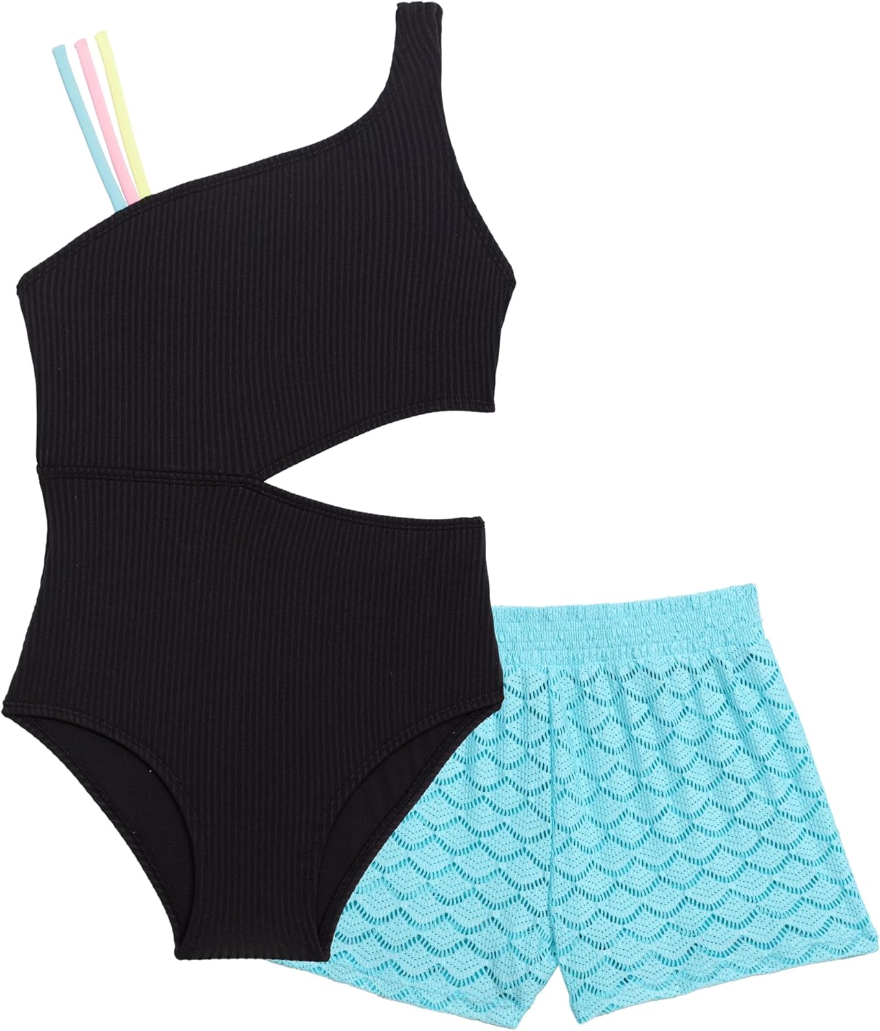 Aqua Green Girls' Strappy Cutout Ribbed One Piece Swimsuit with Crochet Short Coverup 2-piece Set