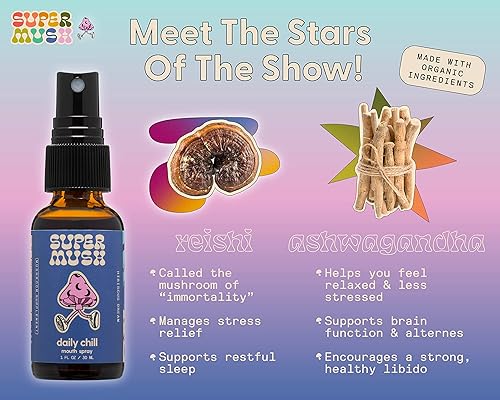 Miniatura 3 de SuperMush Daily Chill - Spray bucal | Suplemento en aerosol de hongos | Extracto de hongos mixtos de reishi, hibisco y ashwagandha | Spray líquido