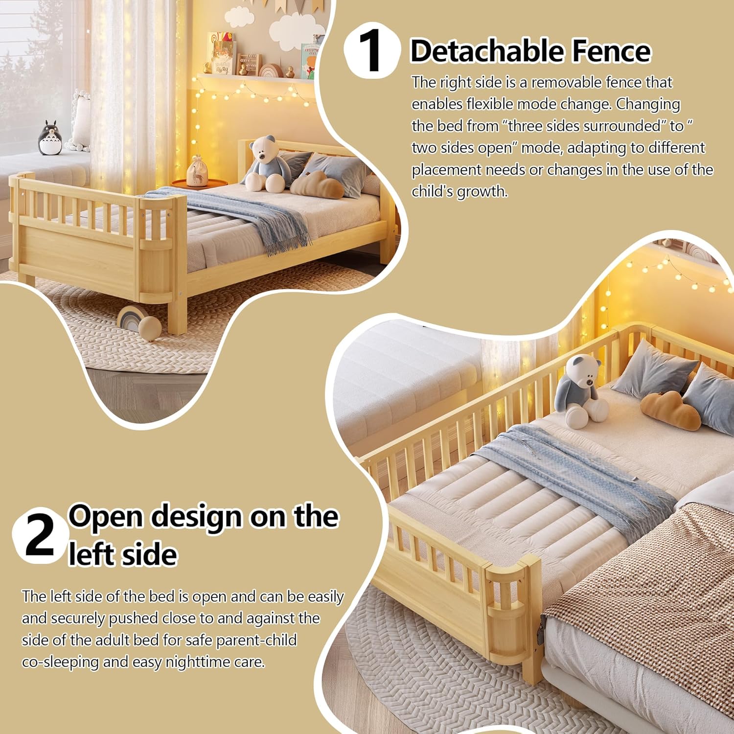 Harper & Bright Designs Twin Size Kids Bed Frame with Detachable Fence, Solid Wood Montessori Bed with Safety Rails, Kids DayBed with Rounded Corners for Boys, Girls, Natural