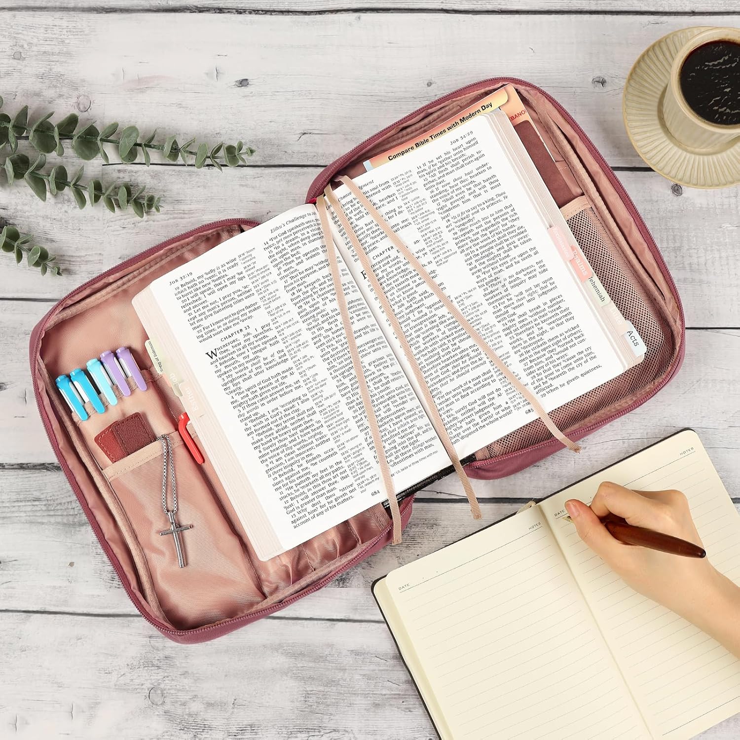 FINDCOZY Bible Cover for Women, Durable Carrying Book Case Church Bag for Biblical Accessories with Handle and Zippered Pocket, for Scriptures, Rosewood Pink - Image 5
