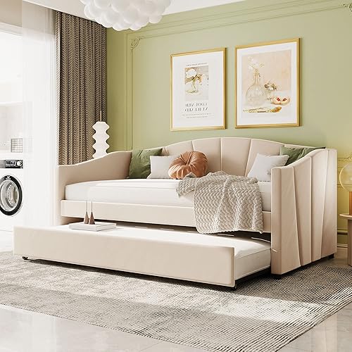 Harper & Bright Designs Sofá cama tapizado con nido, sofá cama individual de terciopelo con nido y listones de madera, no necesita somier, muebles
