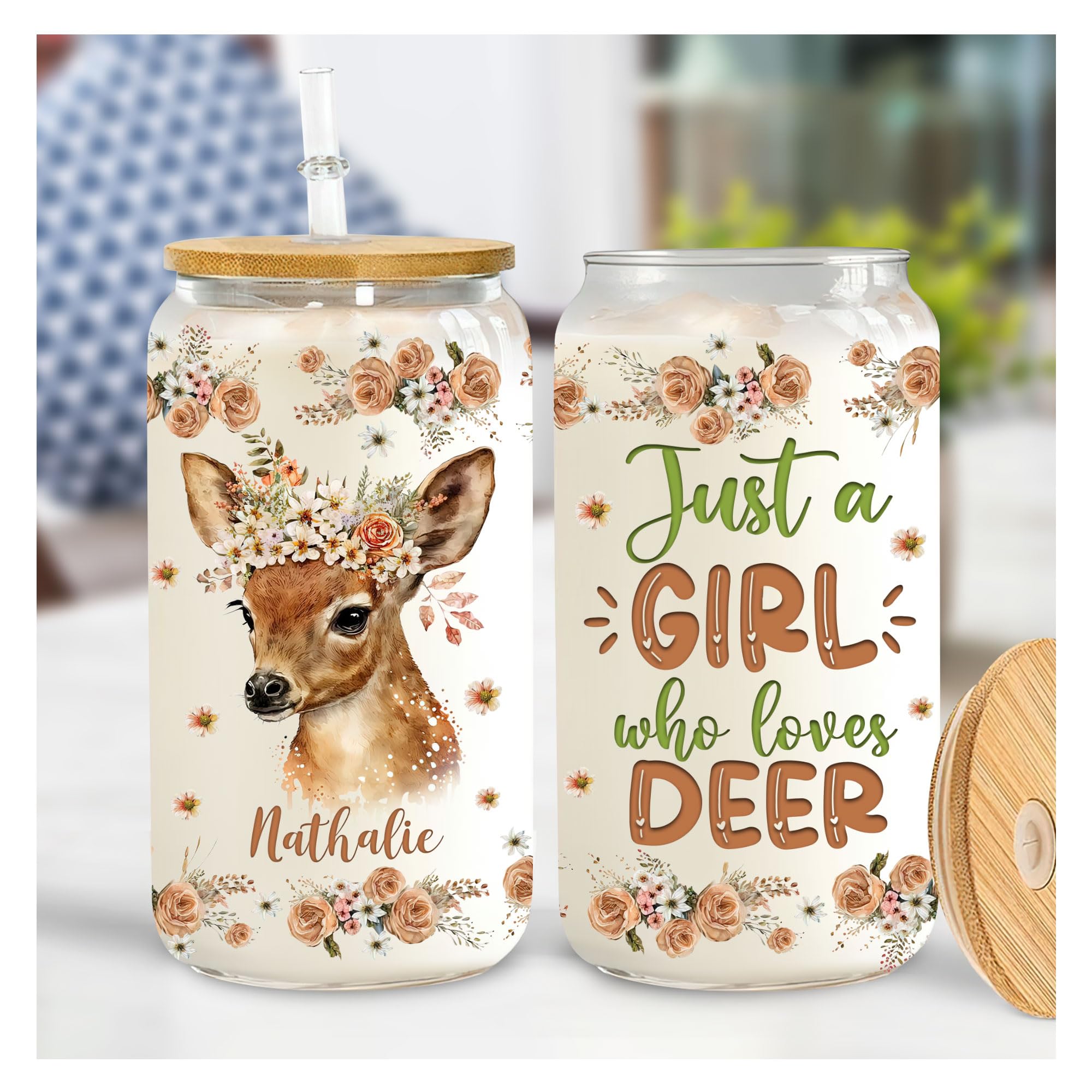 Personalized Glass Can Cup Gifts For Deer Lover - Custom Name Glass Cup 16 Oz For Her Wit…