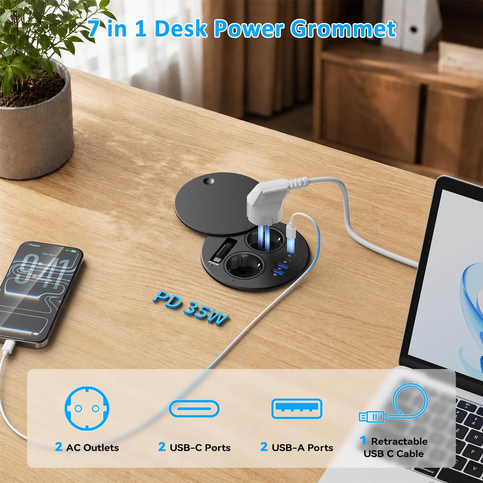 Toma empotrable encimera con USB C PD 35 W, multitoma empotrable de escritorio con tapa, bloque de enchufe escalable con cable de 1,8 m para cocina, oficina muebles