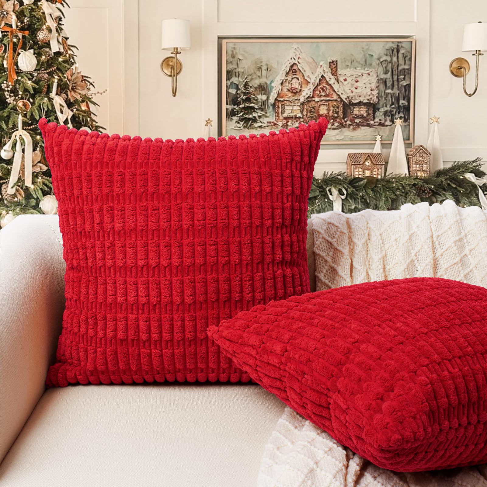 Softalker Juego de 2 fundas de almohada navideñas de 22 x 22 pulgadas, de pana suave, a rayas, bohemias, modernas, decorativas, para sofá, dormitorio, sala de estar (rojo)