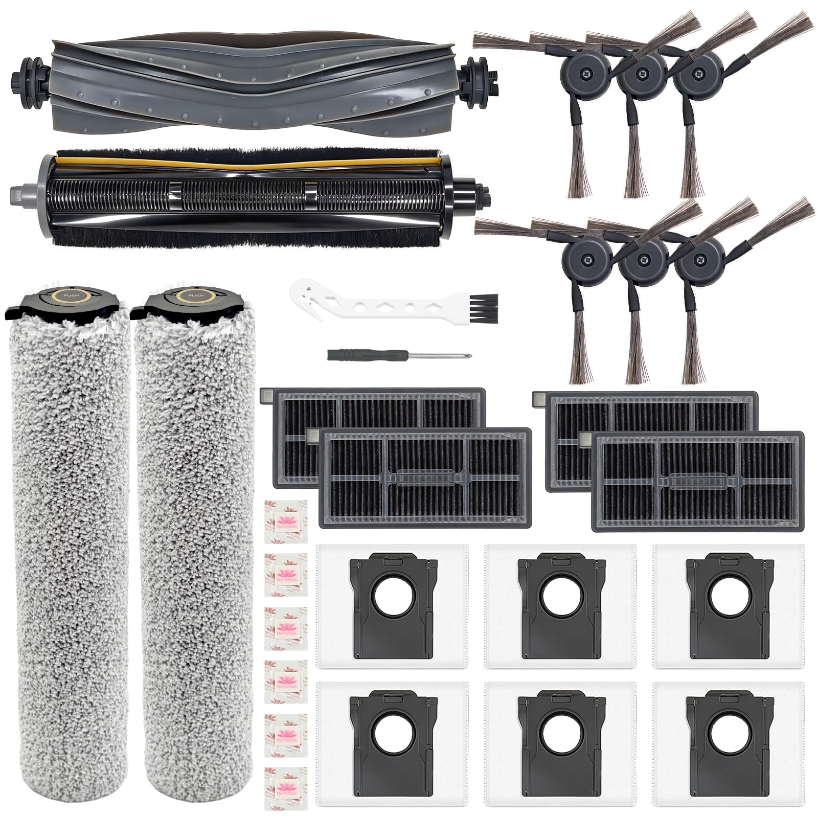 28 Stück Zubehör für Mova S70 Roller/S70 Ultra Roller Saugroboter | 1 Hauptbürsten, 1 Anti-Tangle Hauptbürste, 2 Rollen-Wischtücher, 4 Filter, 6 Staubbeutel, 6 Seitenbürste, 6 Flach-Duftstein