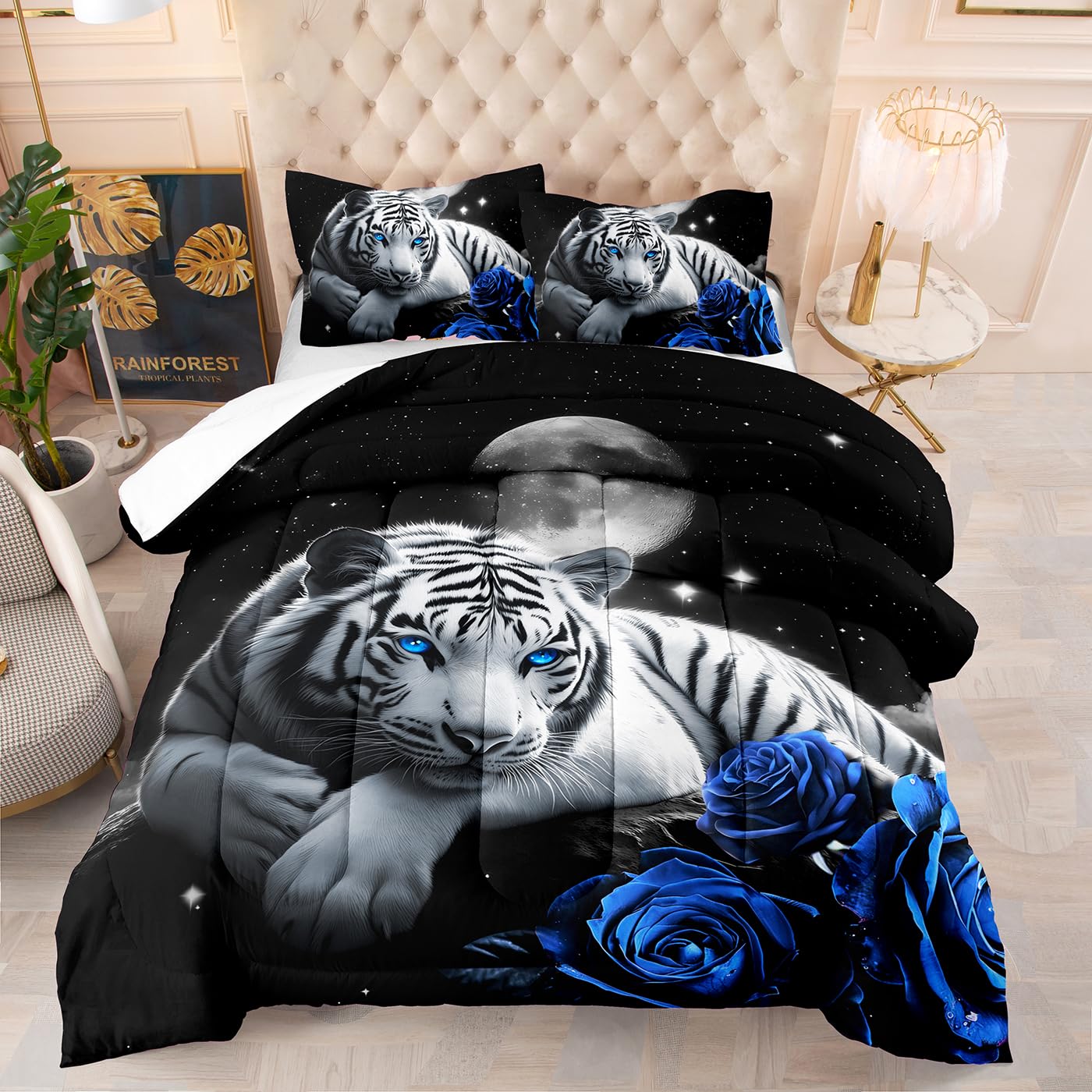 Double Duvet 7.5 Tog White Tiger 3D Printed All-Season Comforter, 200Gsm Microfibre Coverless Quilt, Soft Down Alternative Bedding Set With 2 Pillow Shams