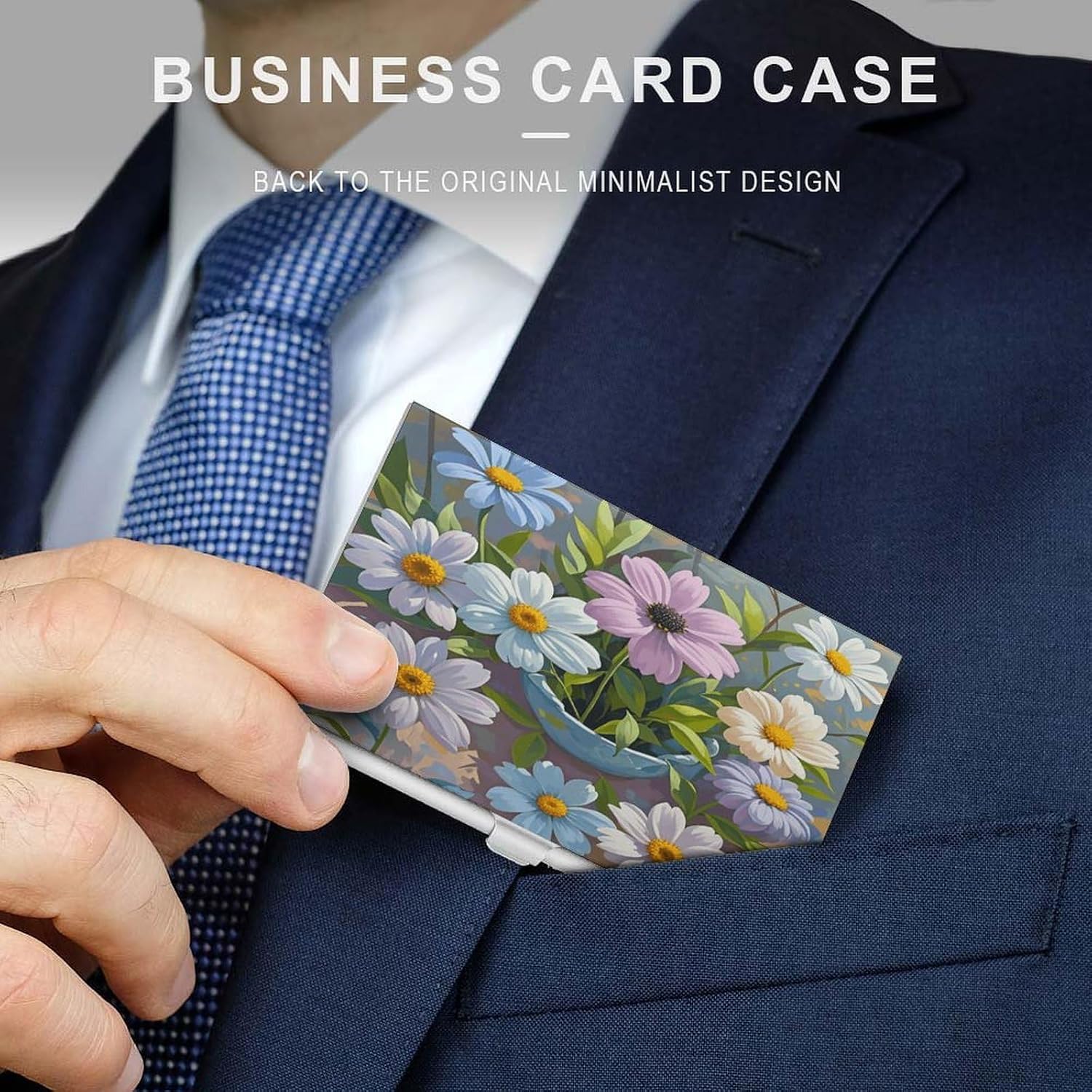 Color Flower Painting Business Card Case Metal Slim Business Card Holder Professional Name Card Holder Pocket Metal Case Business Card Wallet Pocket Wallet Name Card Case for Women Men