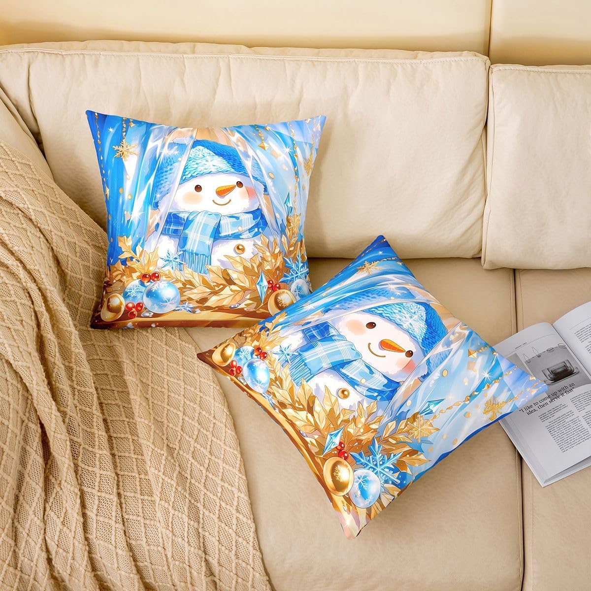 Castle Fairy Anime Snowman Throw Pillow Cover,Golden Crystal Ball Dual-Sided Print for Kid Boy Teen Adult,Xmas Snowflake Room Decor,Blue Cushion Cover,22" x 22" Pack of 1，No Pillow Insert image 3