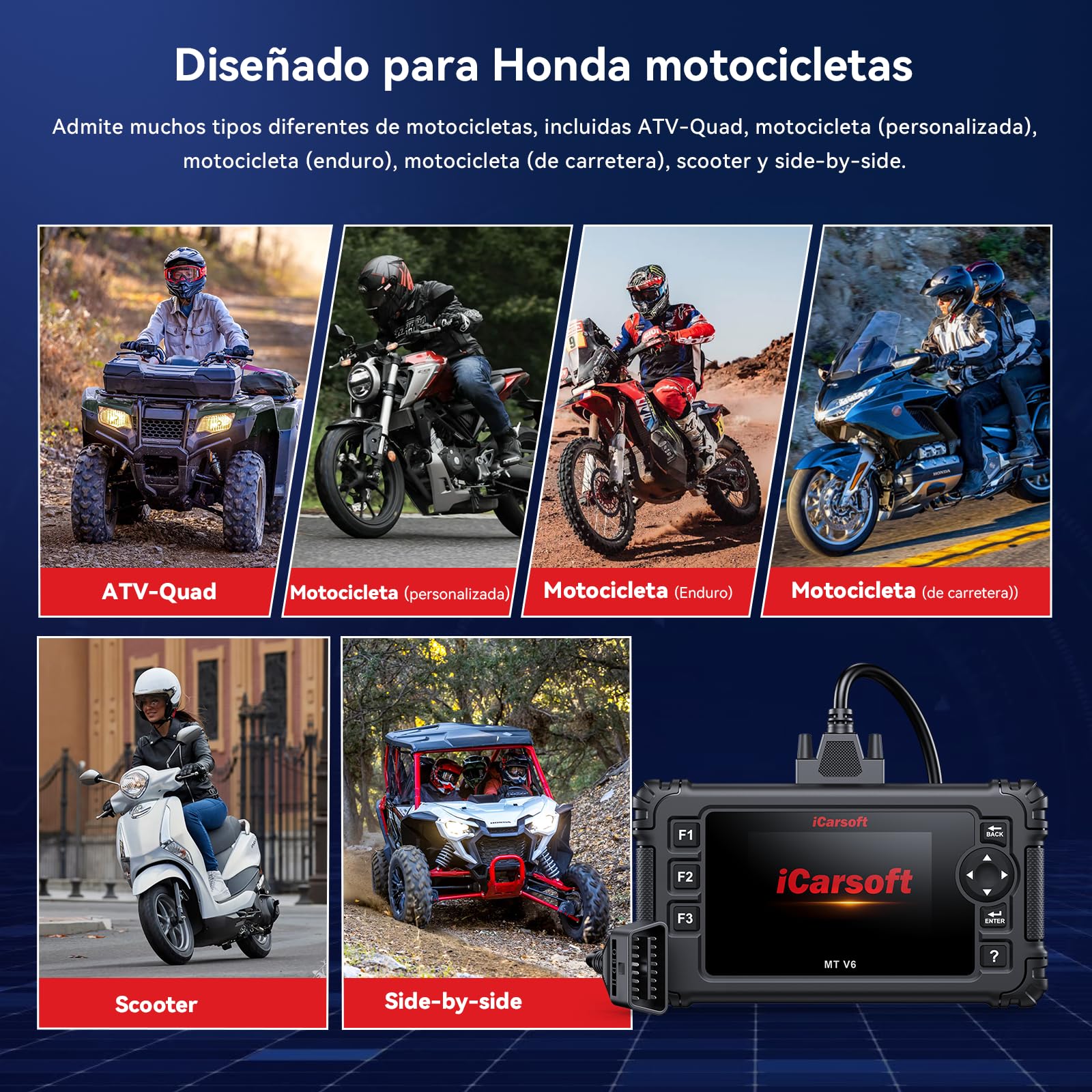 iCarsoft MT V6 para Honda Moto, Herramienta de Diagnosis de Sistema Completo, 7 Servicios, Lector de códigos de Motor con Vin automático, Prueba de batería y actualización de por Vida.