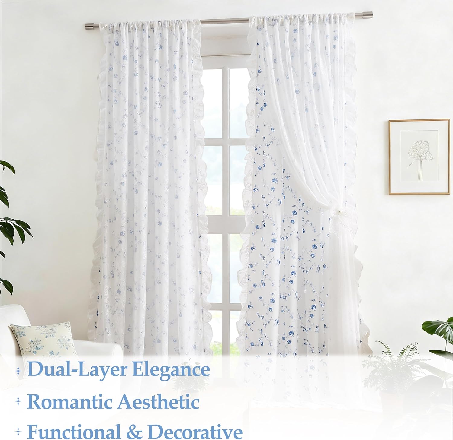 ZJDECOR Double Layer Floral Curtains with Sheer Lace Overlay 84 Inch Long for Living Room,Blue Flower on White Not-See-Through Sheer Ruffle Drapes,Vintage Window Treatment for Bedroom,Rod Pocket,Blue