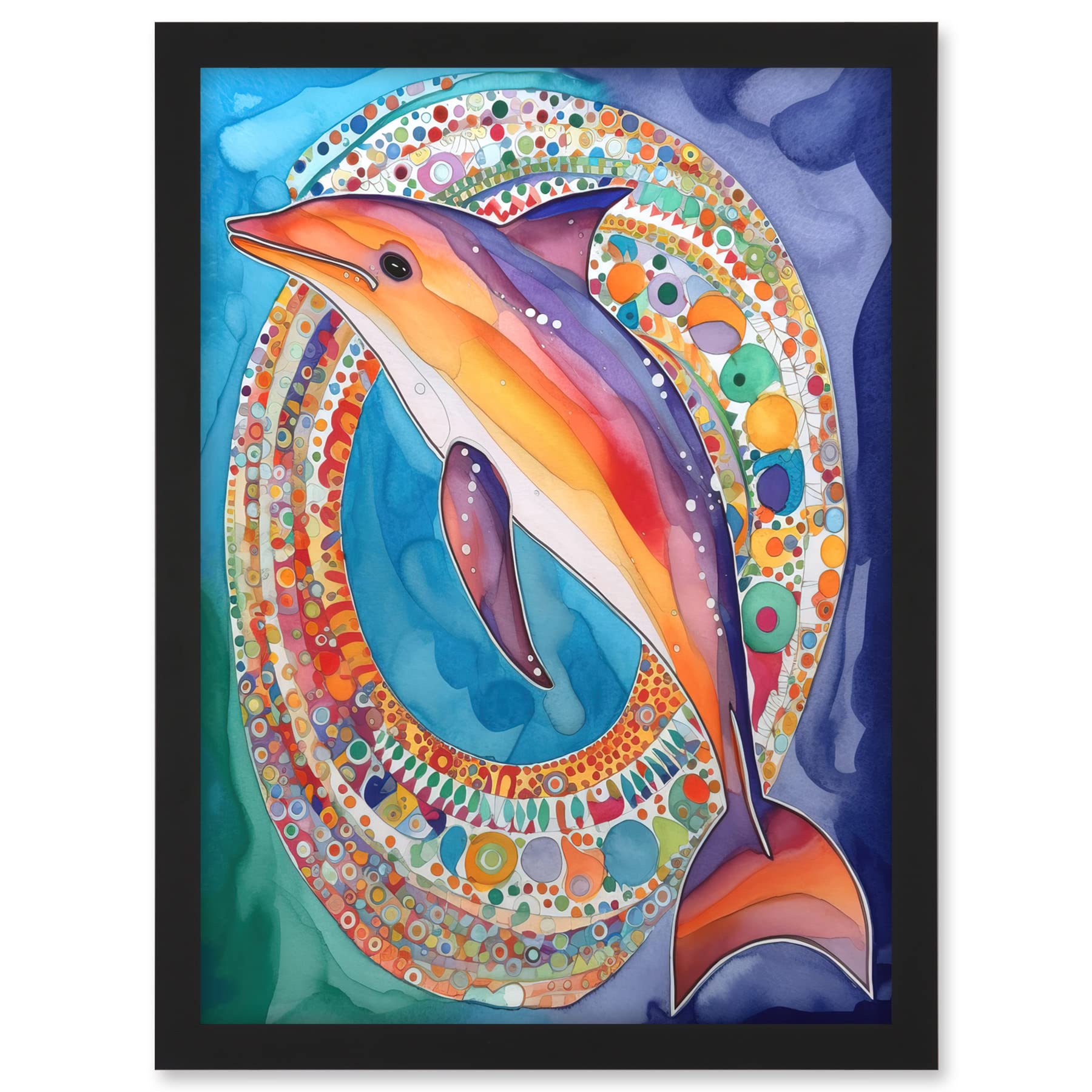 Artery8 Rainbow Dolphin And Pattern Hoop Folk Art Watercolour Painting Artwork Framed A3 Wall Art Print