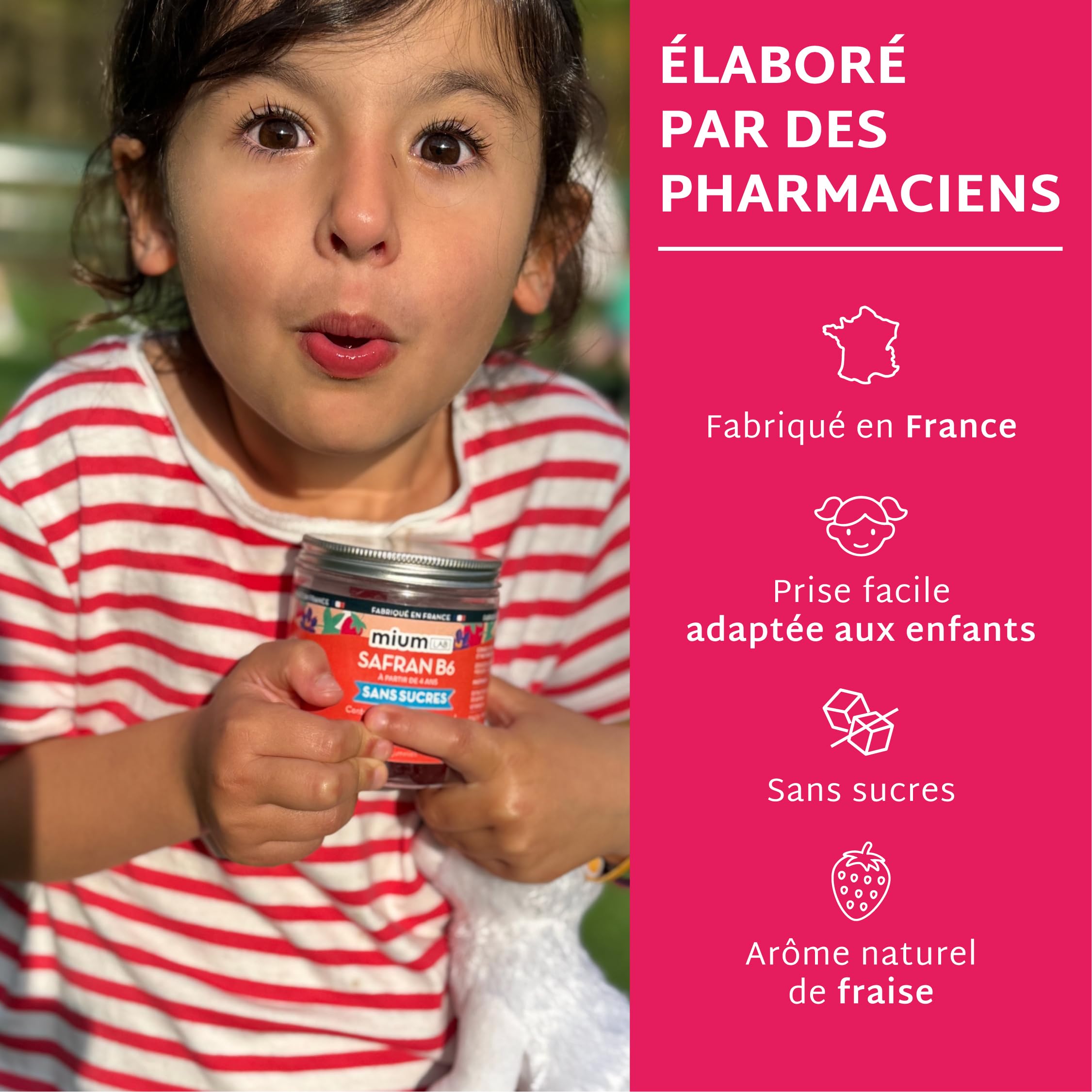 Mium Lab - Gummies Safran B6 - Hautement dosé 40mg Safran et Vitamine B6 - Complément alimentaire Enfants et Adultes - Cure Complète 84 Jours - Sans Sucres - Saveur Fraise Fabriqué en France