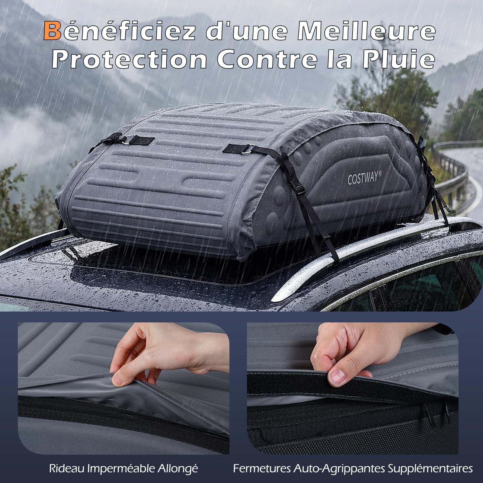 COSTWAY Coffre de Toit pour Voiture, Capacité de 400 L, Résistant aux Intempéries, avec Sangles Robustes, Porte-Bagages de Toit Pratique en PE Mousse pour VUS pour Tous Véhicules (Gris)