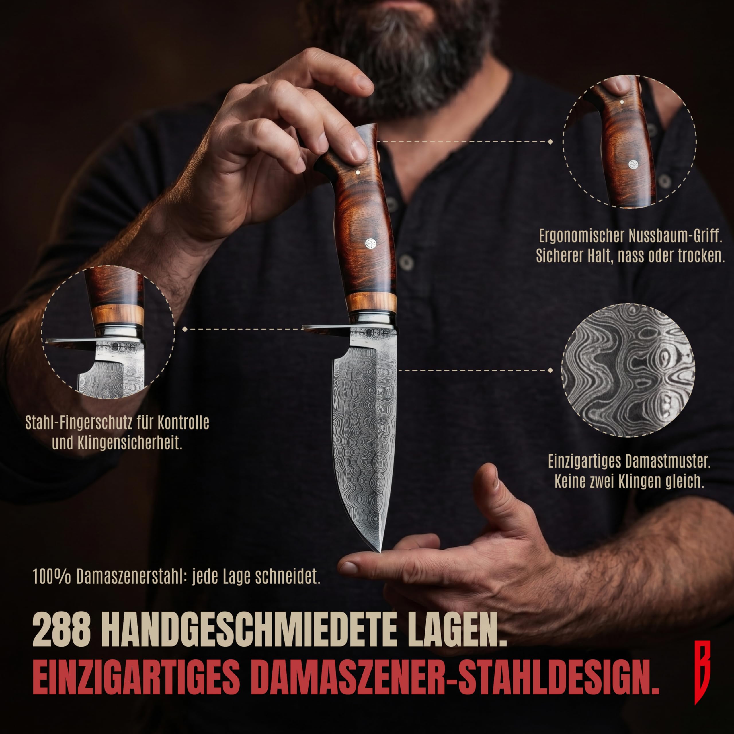 BIGCAT ROAR Wild Tiger Damaststahl Messer 10 Zoll - Full Tang - Walnussholzgriff & Lederscheide - Outdoor Camping Survival Bushcraft