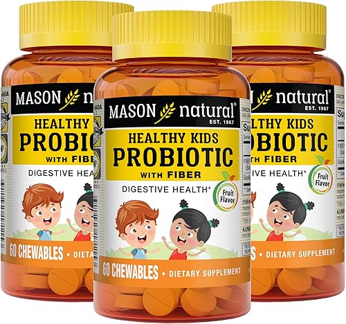 MASON NATURAL Healthy Kids Probiótico con fibra, función digestiva saludable, salud intestinal mejorada, 60 masticables (paquete de 3)