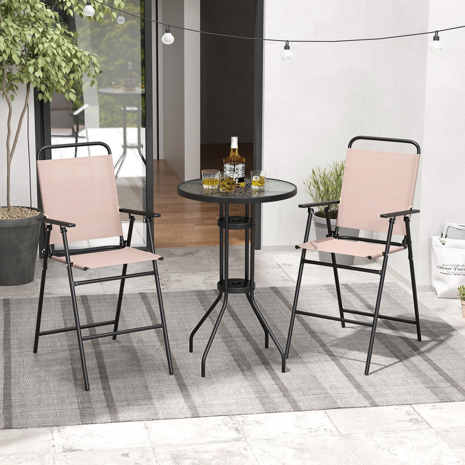 GIANTEX Set da Bistrò, Tavolo Alto Rotondo con Piano in Vetro e 2 Sedie Pieghevoli, Tessuto Traspirante, Set di Mobili per 2 Persone, per Balcone, Terrazza, Giardino (Senza Ombrellone)