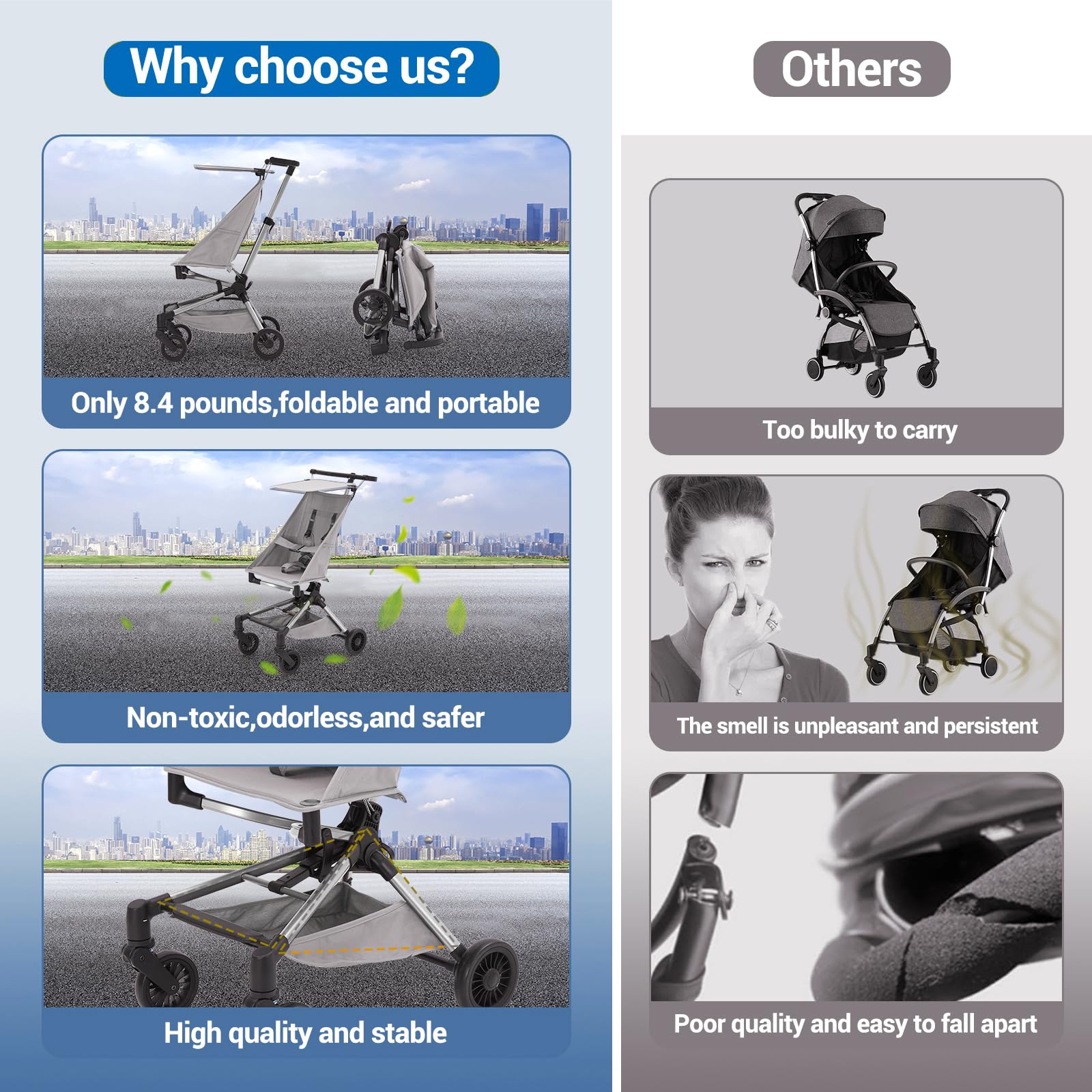 Garvee Poussette Canne Ultra Légère - Poussette Bébé Compacte <10 LBS Pour Avion Avec Sac De Transport, Pliable à Une Main, Canopée Réglable, Roues 360°, Harnais 3 Points, Poussette Voyage 6-36 Mois