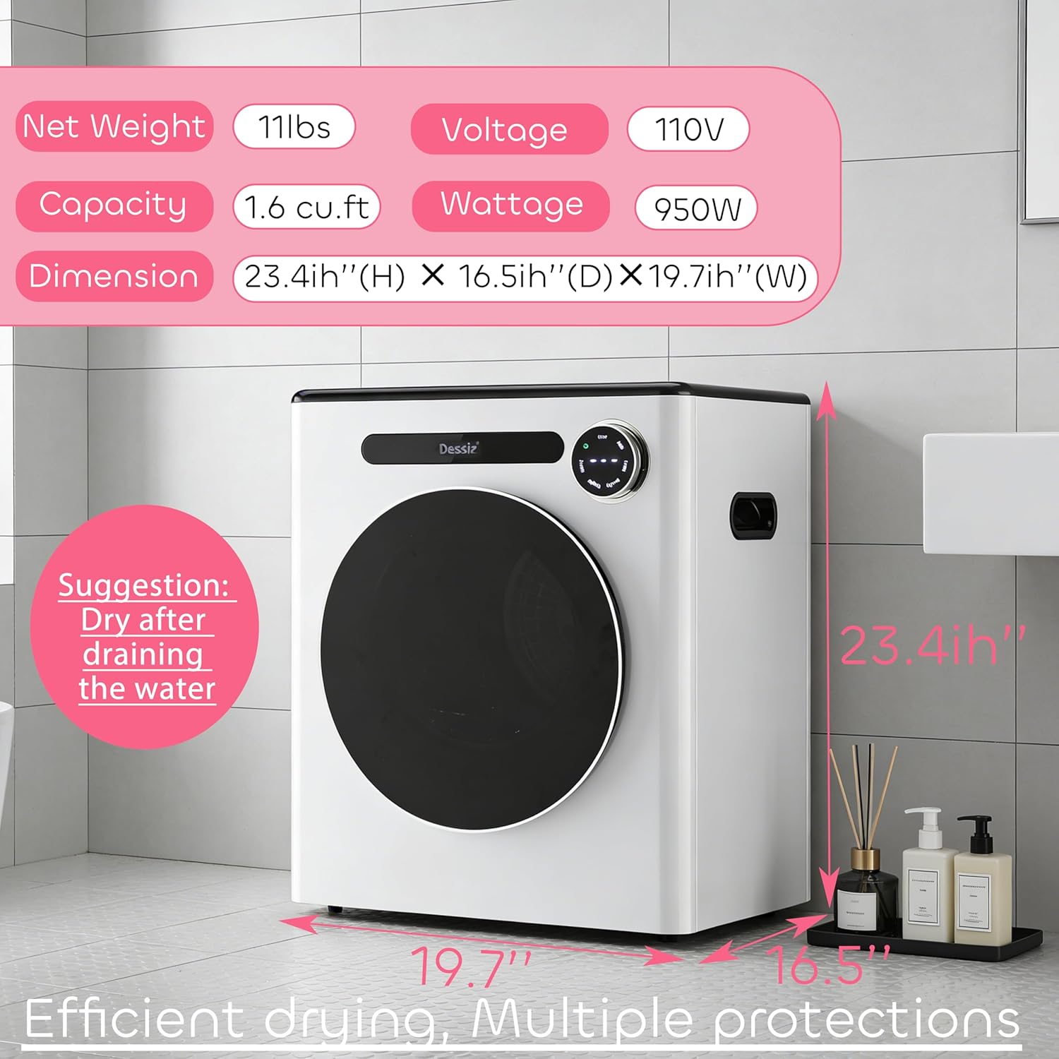 110V 11LBS Portable Clothes Dryer 950W Compact Laundry Dryers 1.6 cu.ft Front Load Stainless Steel Electric Dryers Machine for Apartment,RVs,Dorms,White Auto Stop