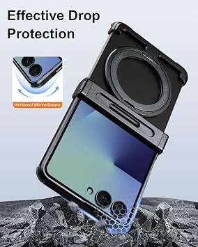 Samsung Galaxy Z Flip 7用フレームレスケース、スタンド付き、360°回転磁気キックスタンドフォンケース、アルミニウムメタル放熱スリム耐衝撃保護Galaxy Z Flip7カバーブラック