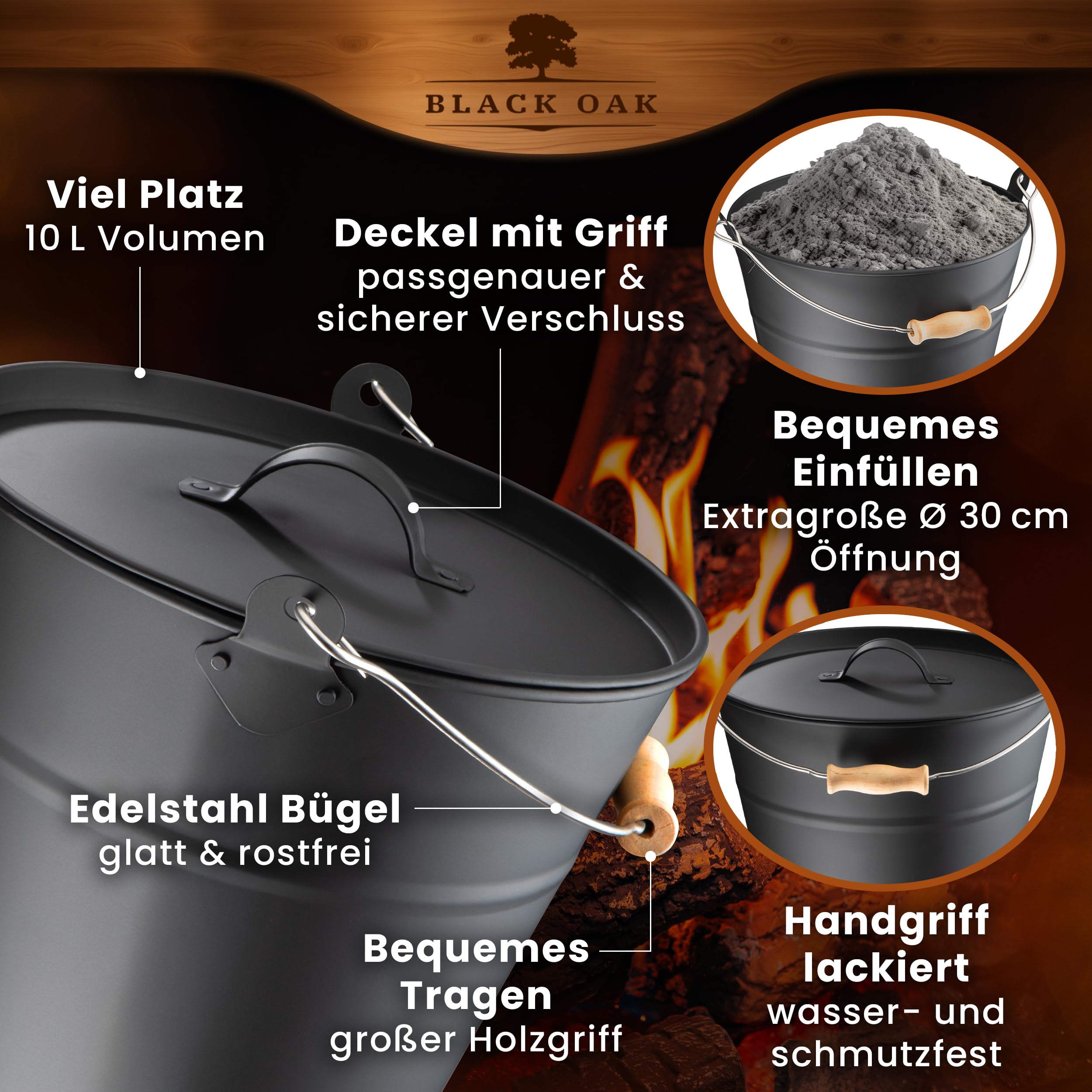 BLACK OAK Ascheeimer FOGO 10L - schwarz mit Deckel mit Metallgriff + Feger + Schaufel & Handschuhen - 10L groß Stahl feuerfest verzinkt & pulverbeschichtet Eimer für Asche Kohle Pellets Zubehör Kamin