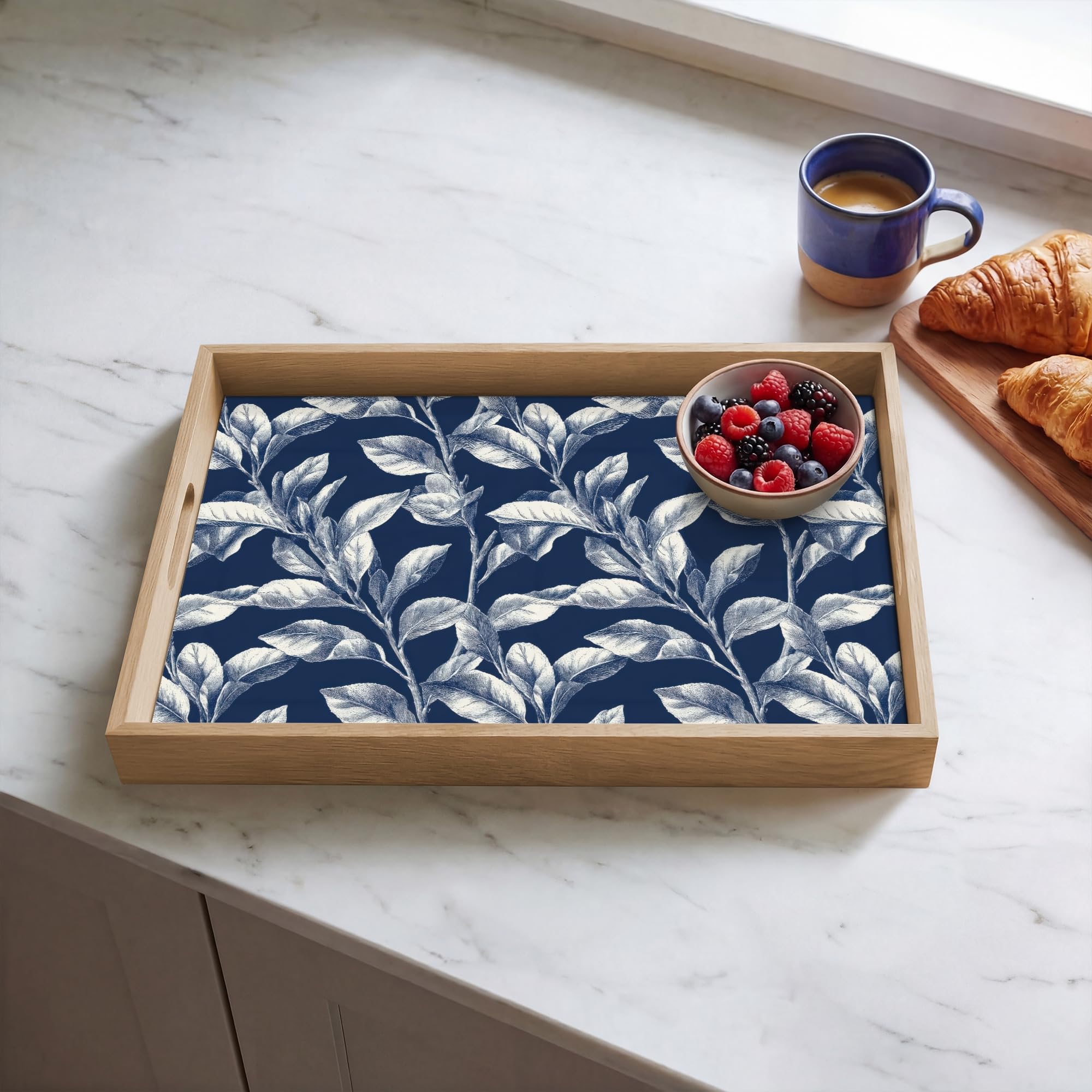 Bandejas Rectangular 50x35 cm Bandeja Cafe Decorativa para Servir Comida Resistente Al Calor De Madera Desayuno Cocina Tabuleiro Botánico - Patrón - Azul