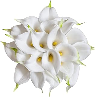 DuHouse 20Pcs Artificial Calla Lily Flower Real Touch Latex Flowers for DIY Wedding Bouquet Party Home Decor (White-Yellow Core)
