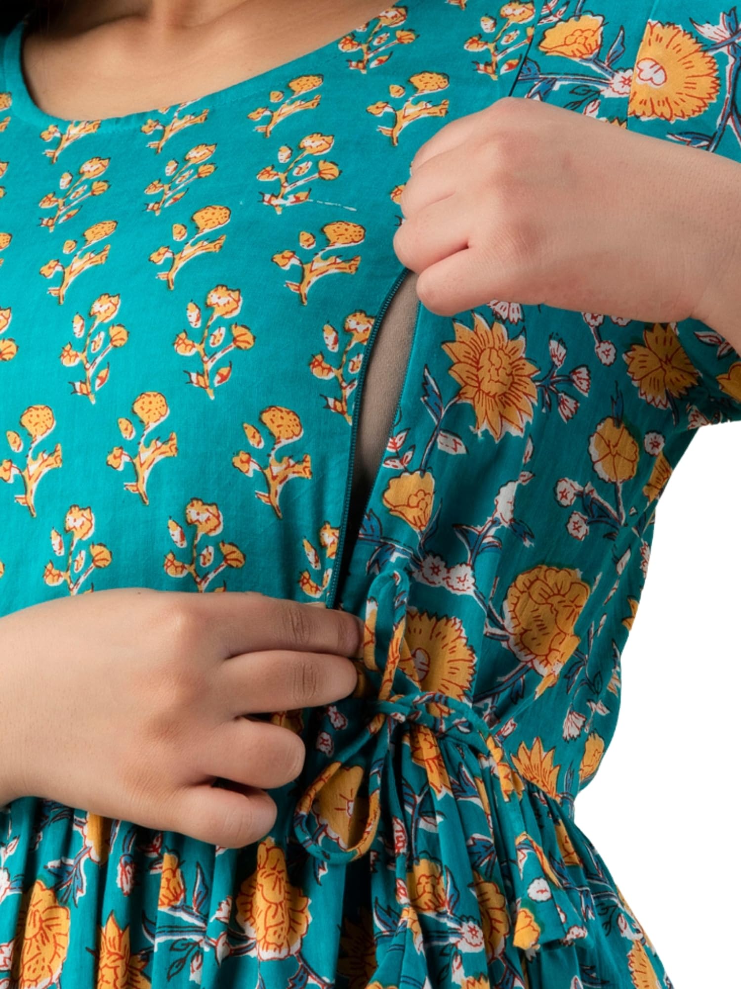 Women's Pure Cotton Maternity Kurti | Floral Printed A-Line Feeding Dress with Hidden Zippers | Comfortable Nursing Gown Dresses for Pregnancy Wear-image-49